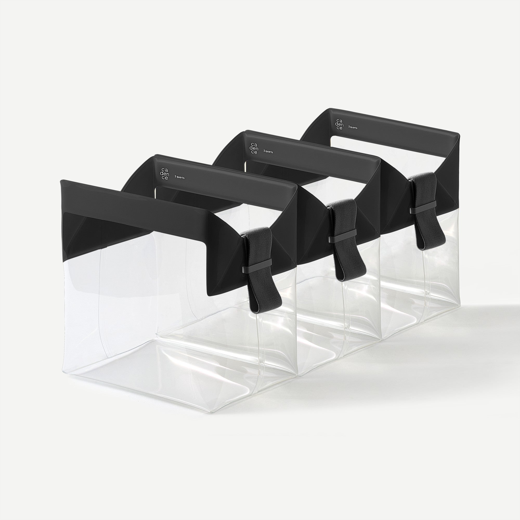 Set of clear plastic bags with black straps on a white background