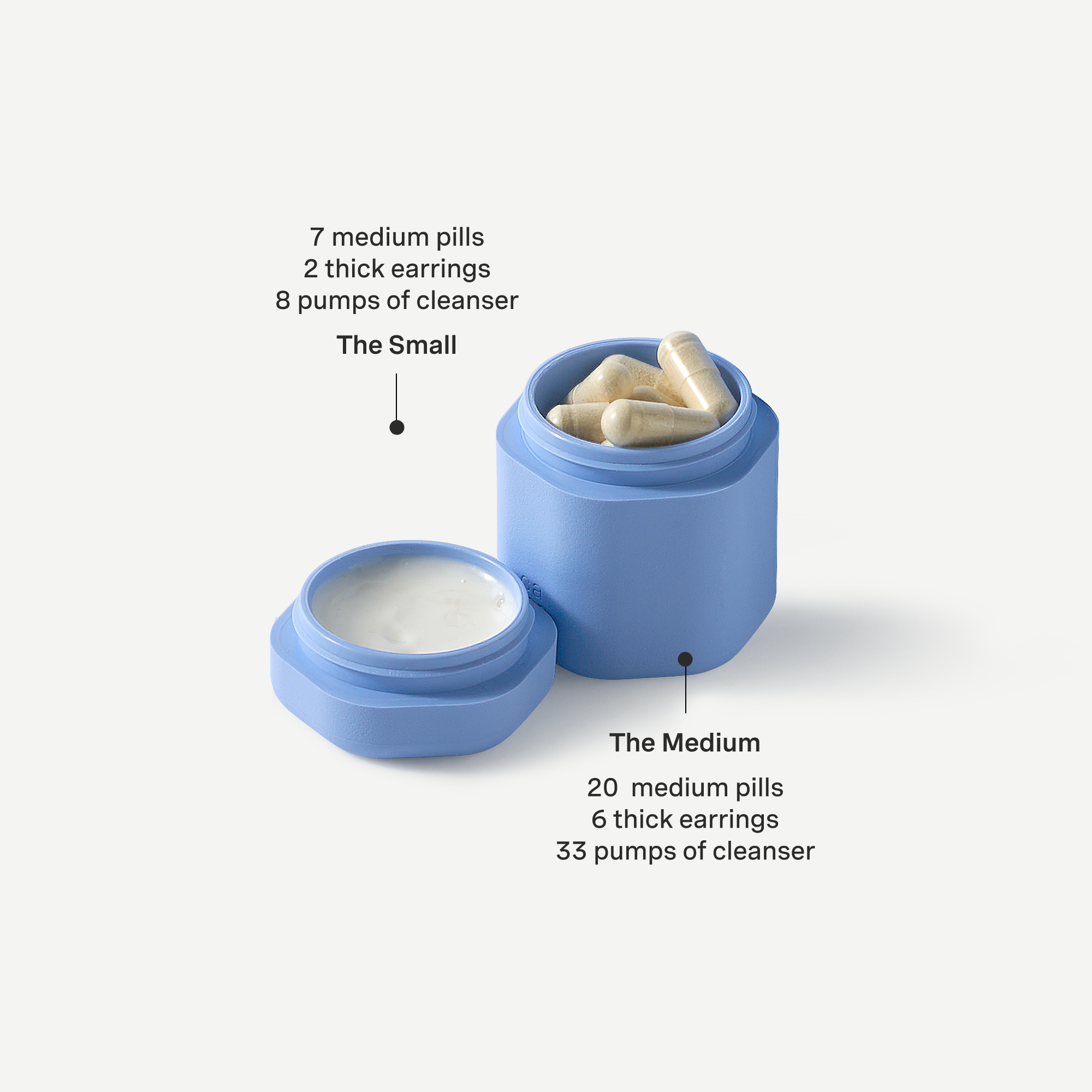 Two blue containers with text indicating their capacity for pills, earrings, and cleanser on a white background.