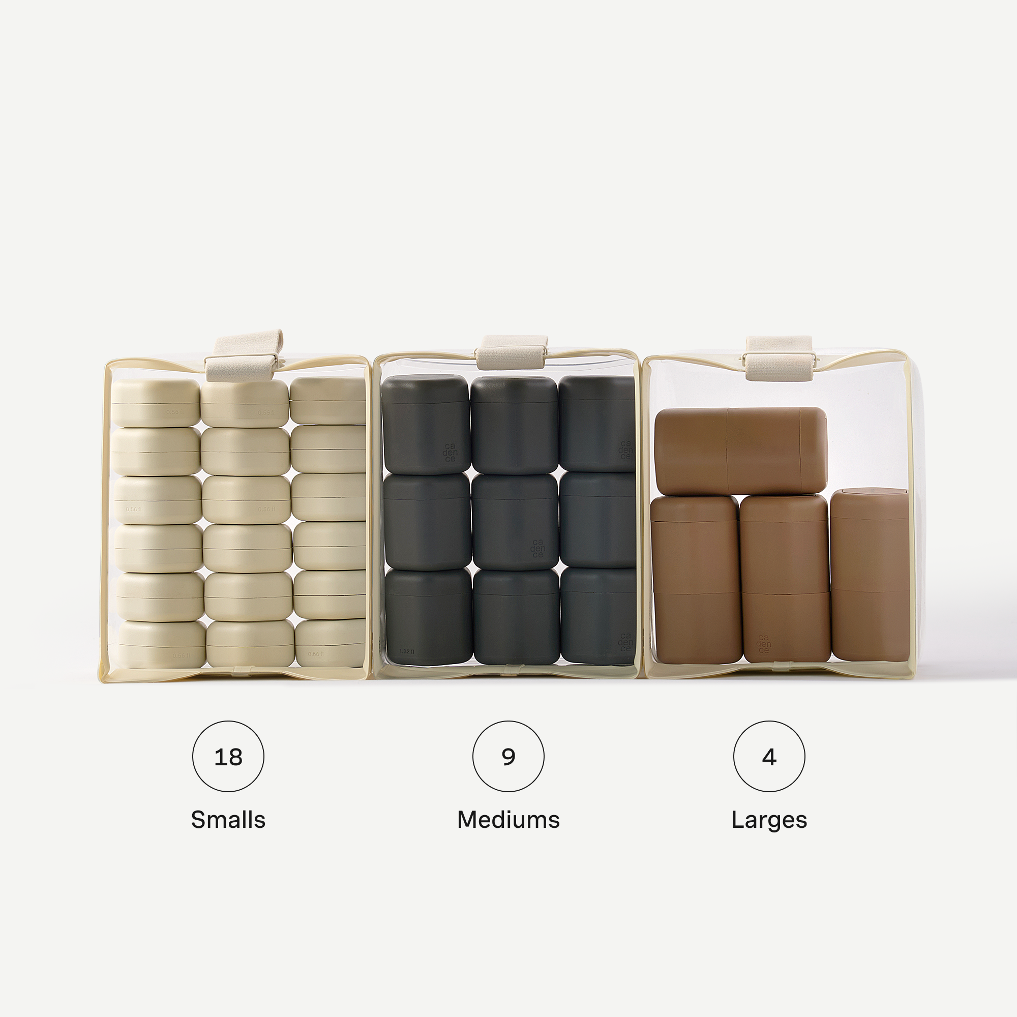 Storage bins with labeled quantities of small, medium, and large sizes on a white background