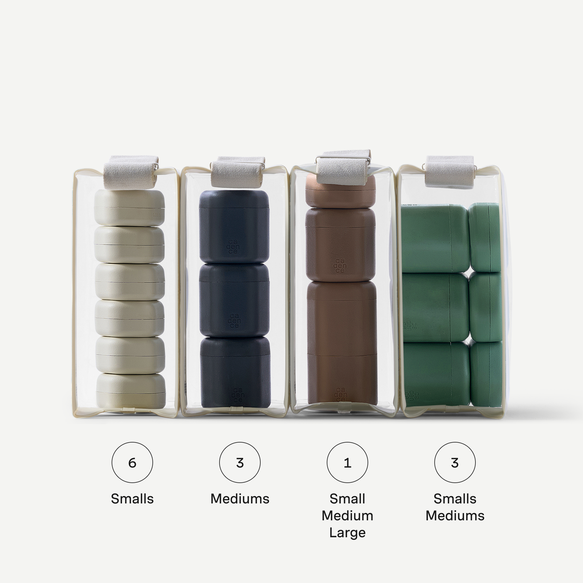 Set of containers with different sizes filled with cylindrical items on a white background