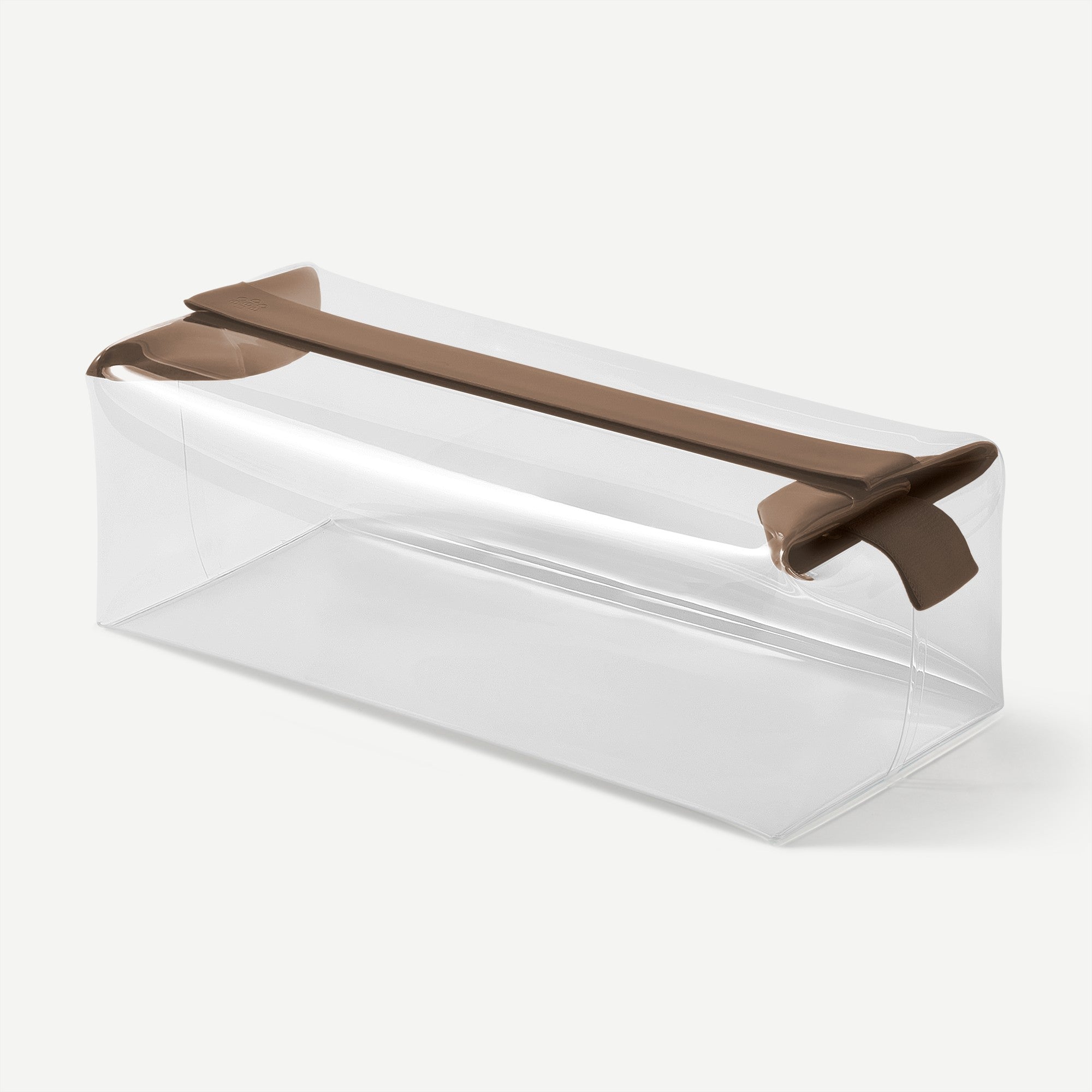 Clear plastic container with a black handle on a white background