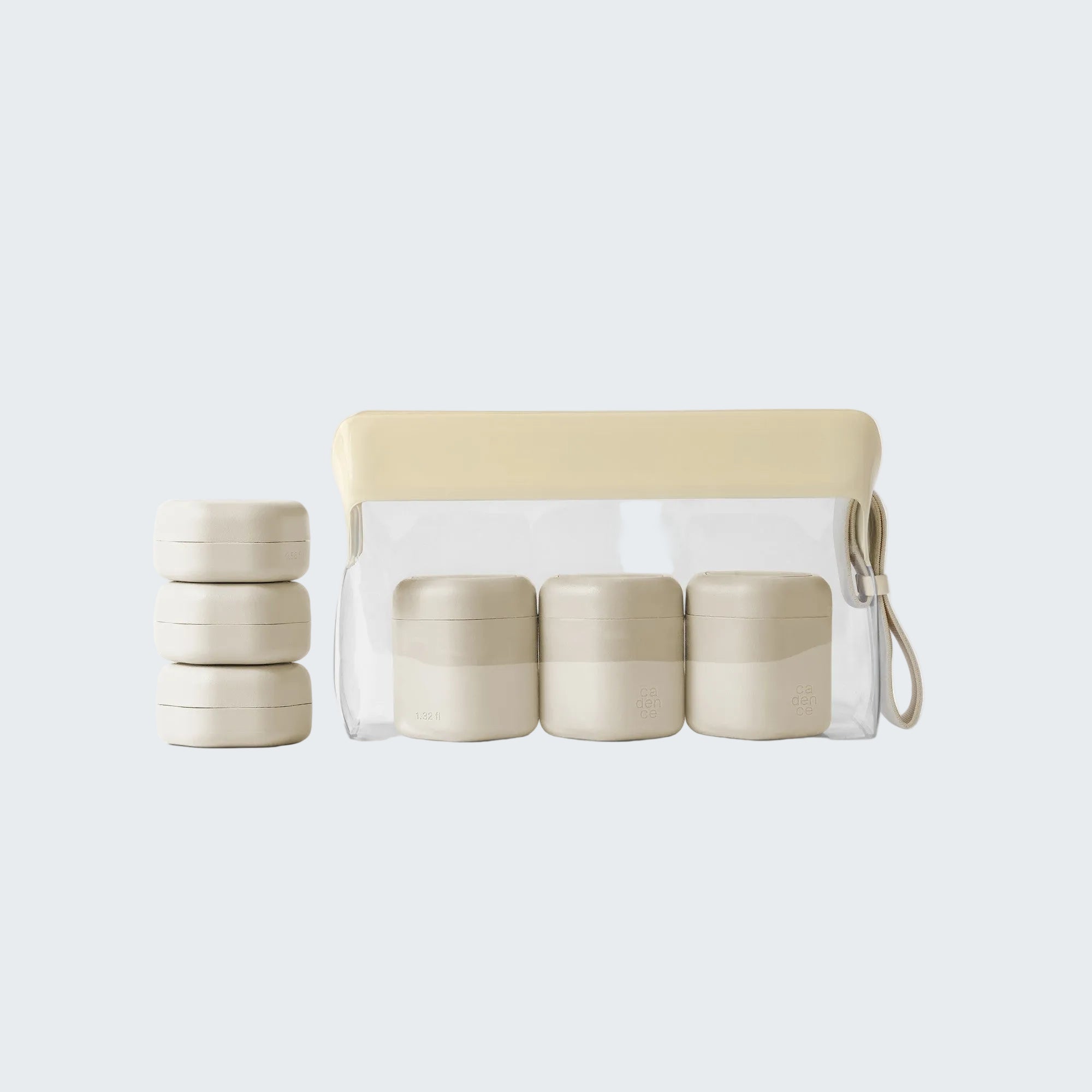 Set of beige containers with a beige pouch on a white background