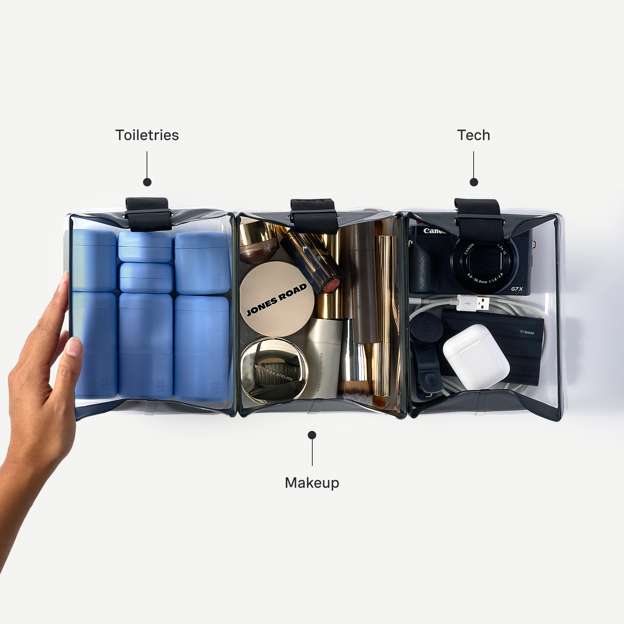 Multifunctional organizer with compartments for toiletries, tech, and makeup on a white background.