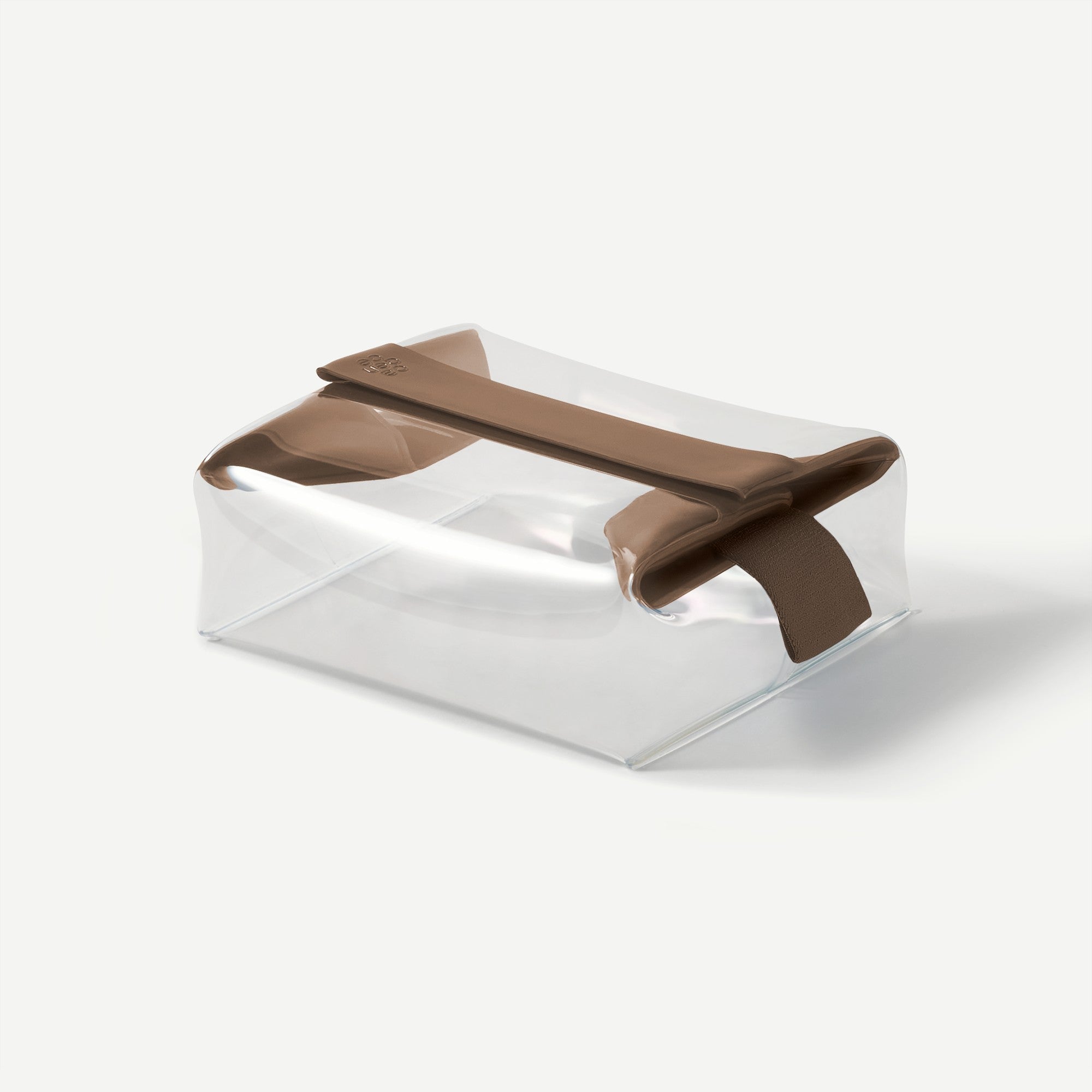 Clear plastic container with brown handles on a white background