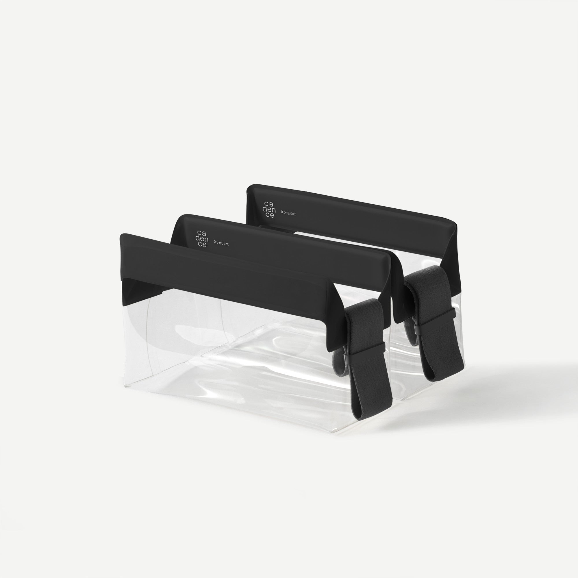 Clear plastic bag with black straps on a white background