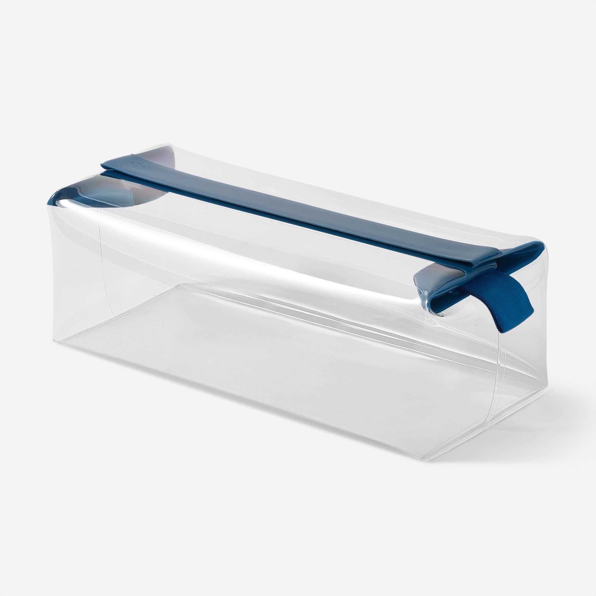 Clear plastic container with a black handle on a white background