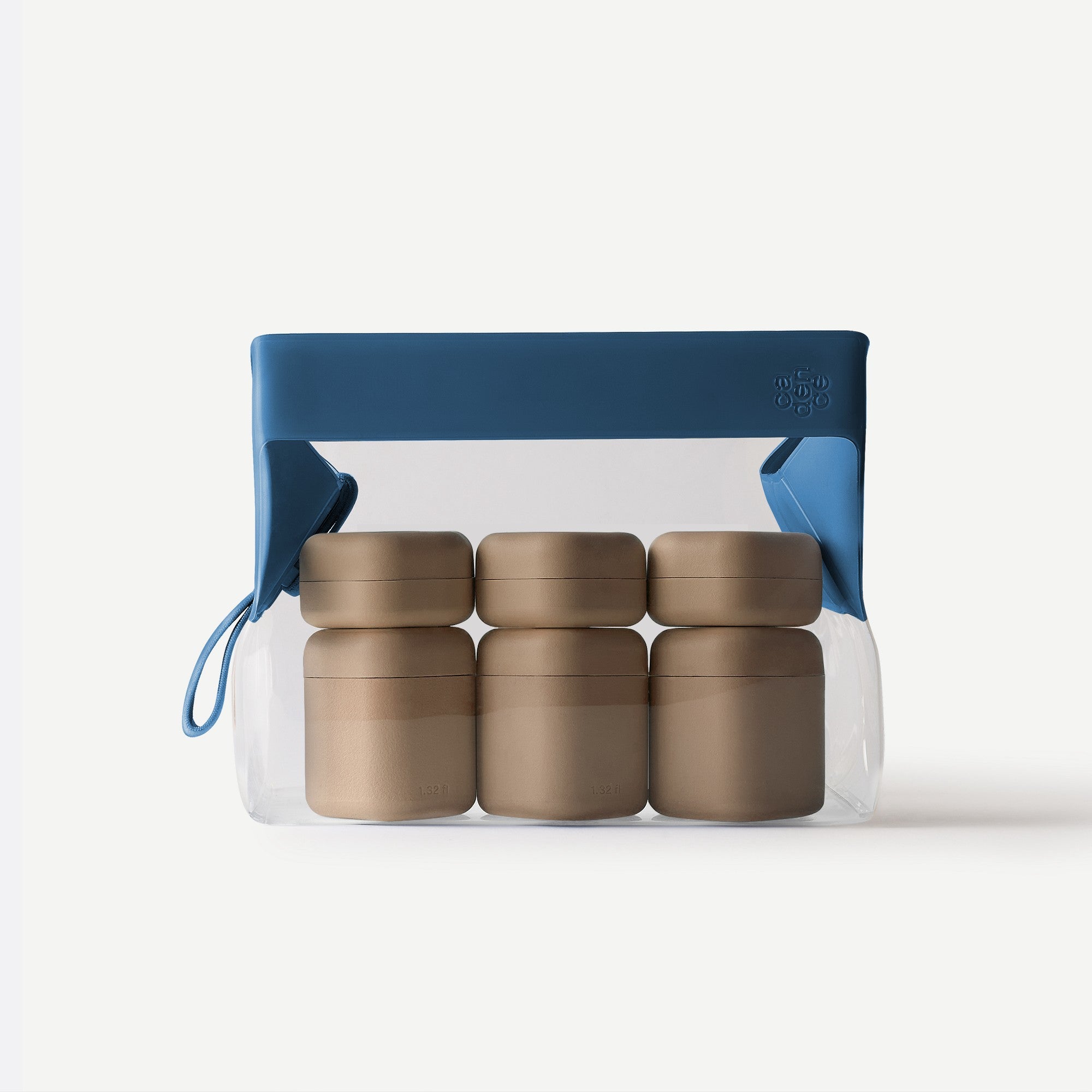 Set of four metallic containers in a clear plastic pack with blue lid on a white background
