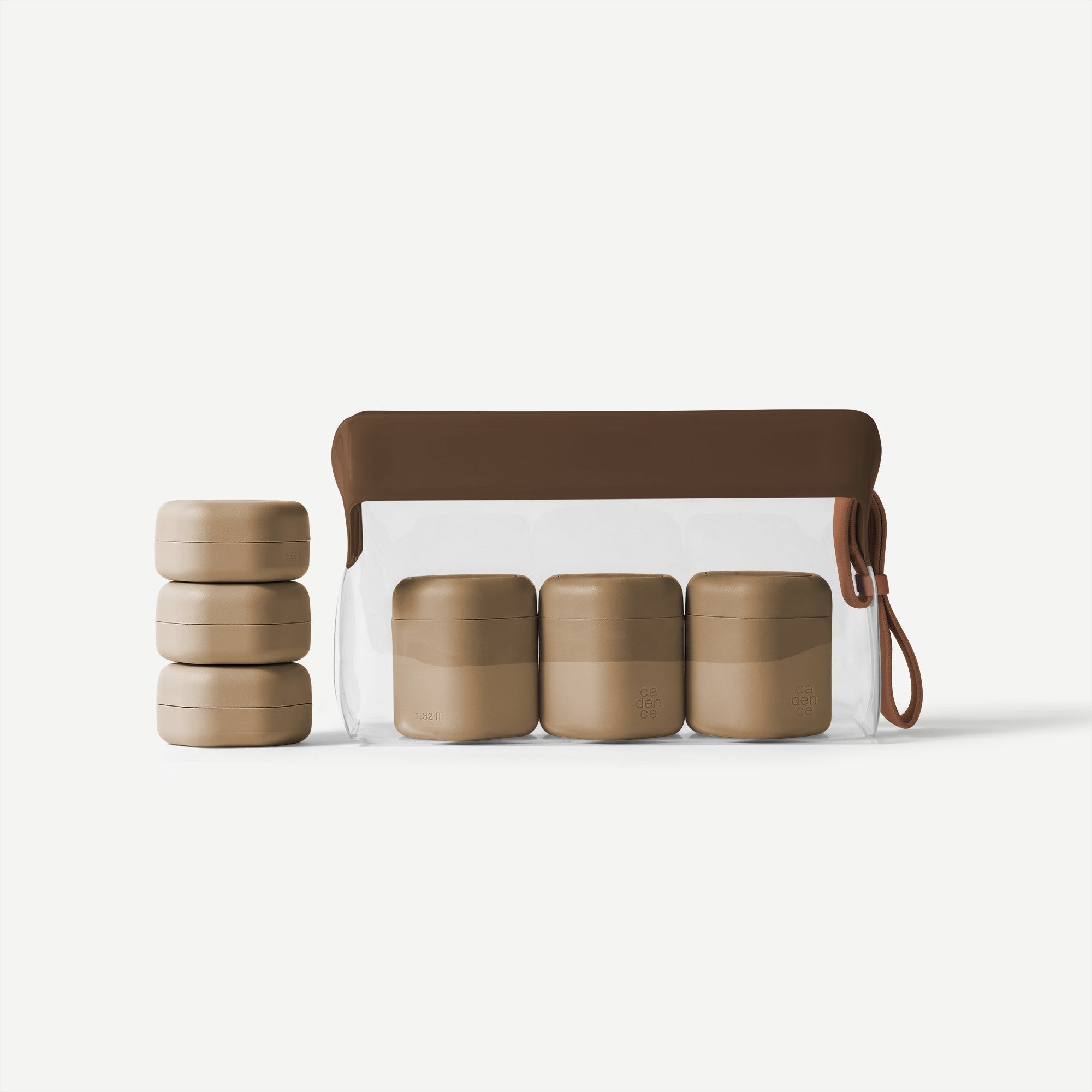 Set of brown containers with a white pouch on a light gray background