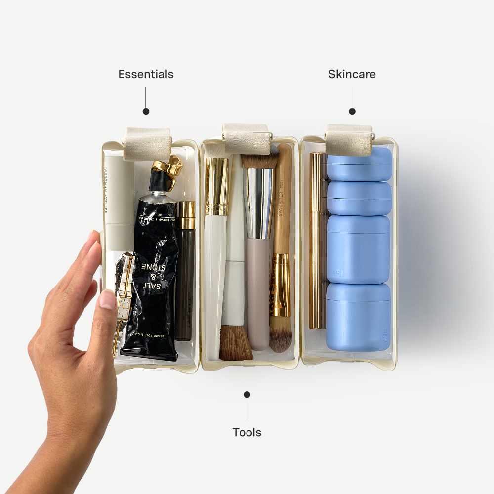 Hand holding an open travel case with compartments labeled 'Essentials', 'Skincare', and 'Tools'.