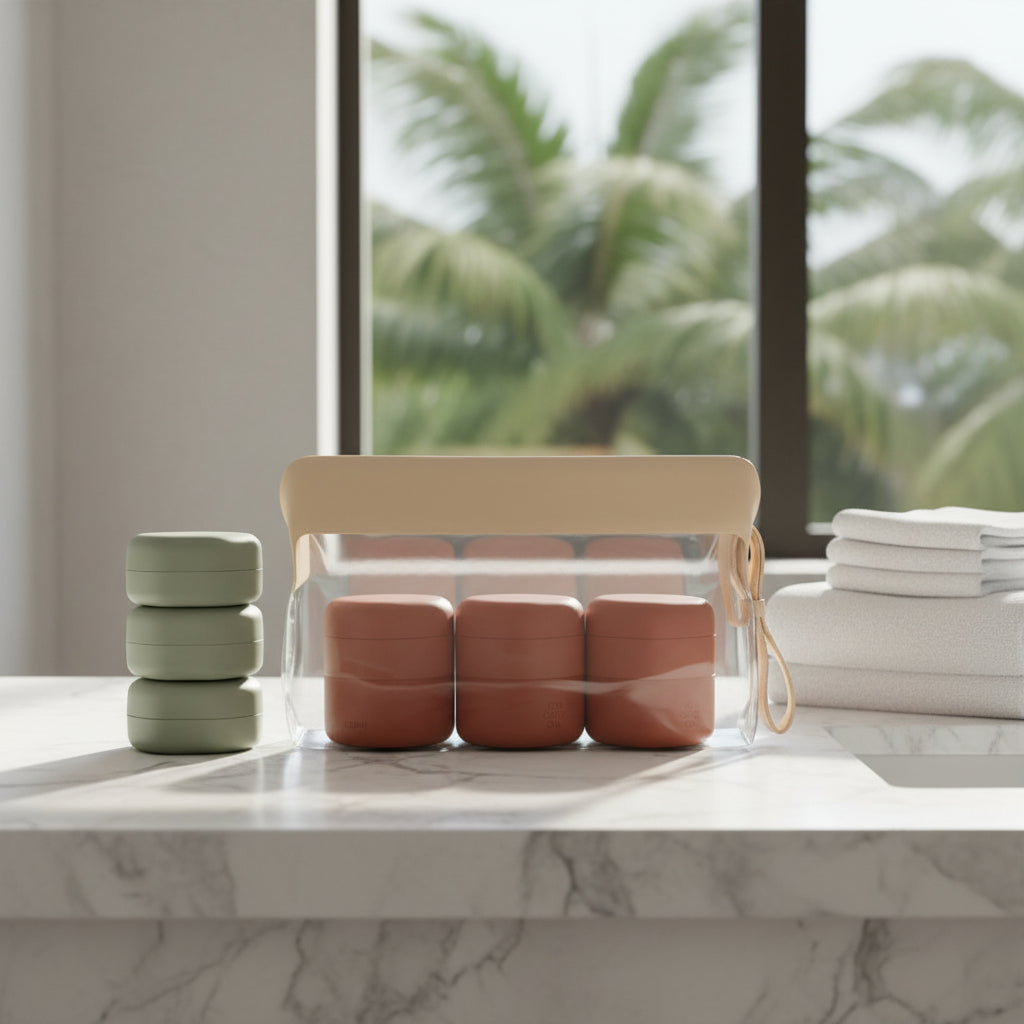 Set of pink containers with a carrying case on a white background