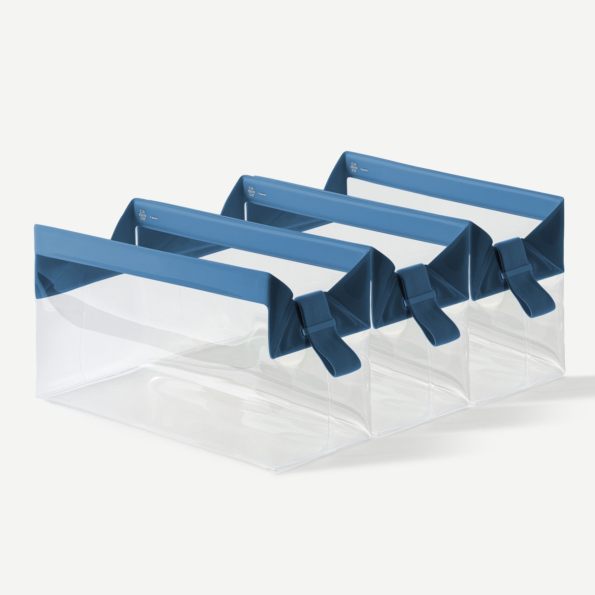 Clear plastic bags with blue handles on a white background