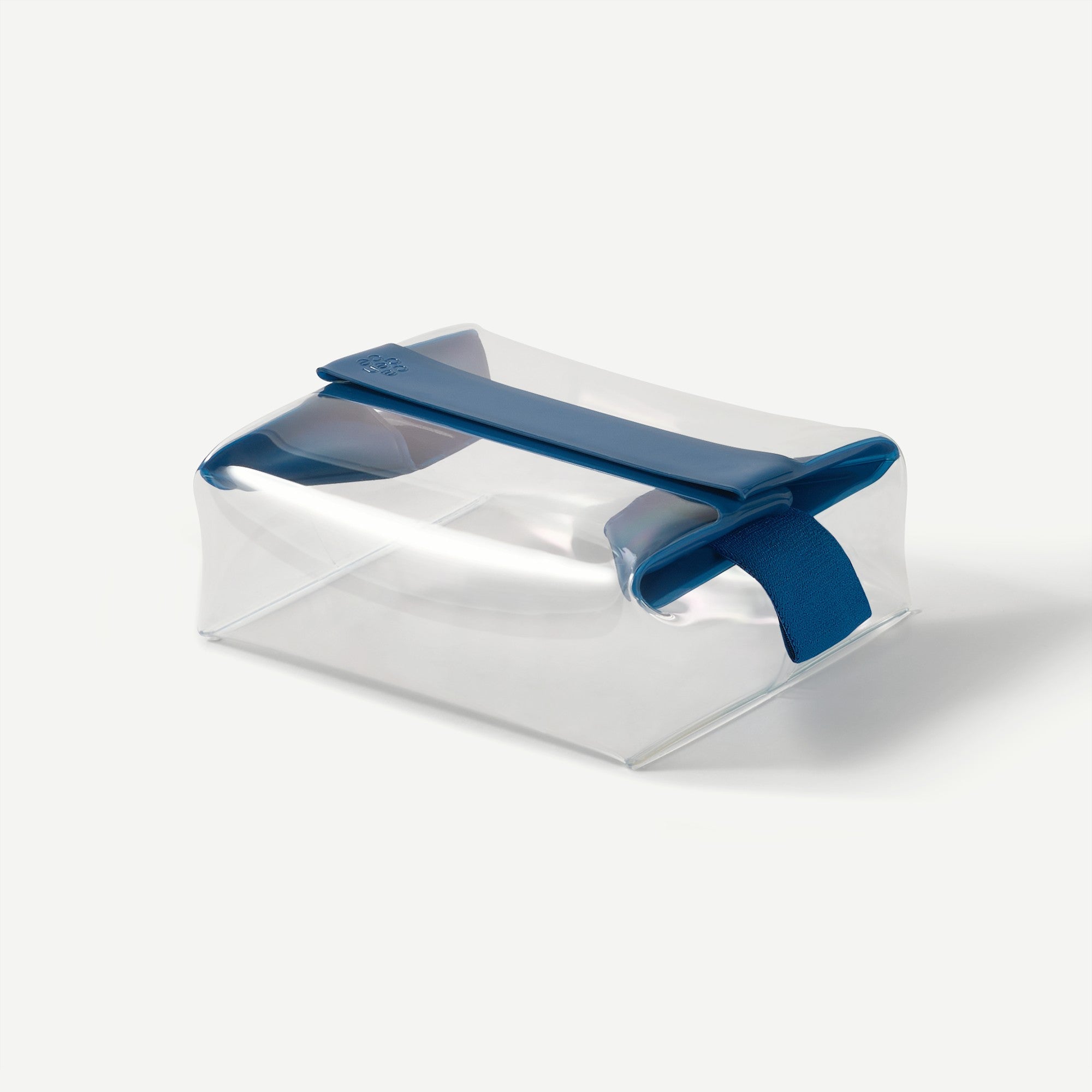 Clear rectangular container with blue lid on a white background