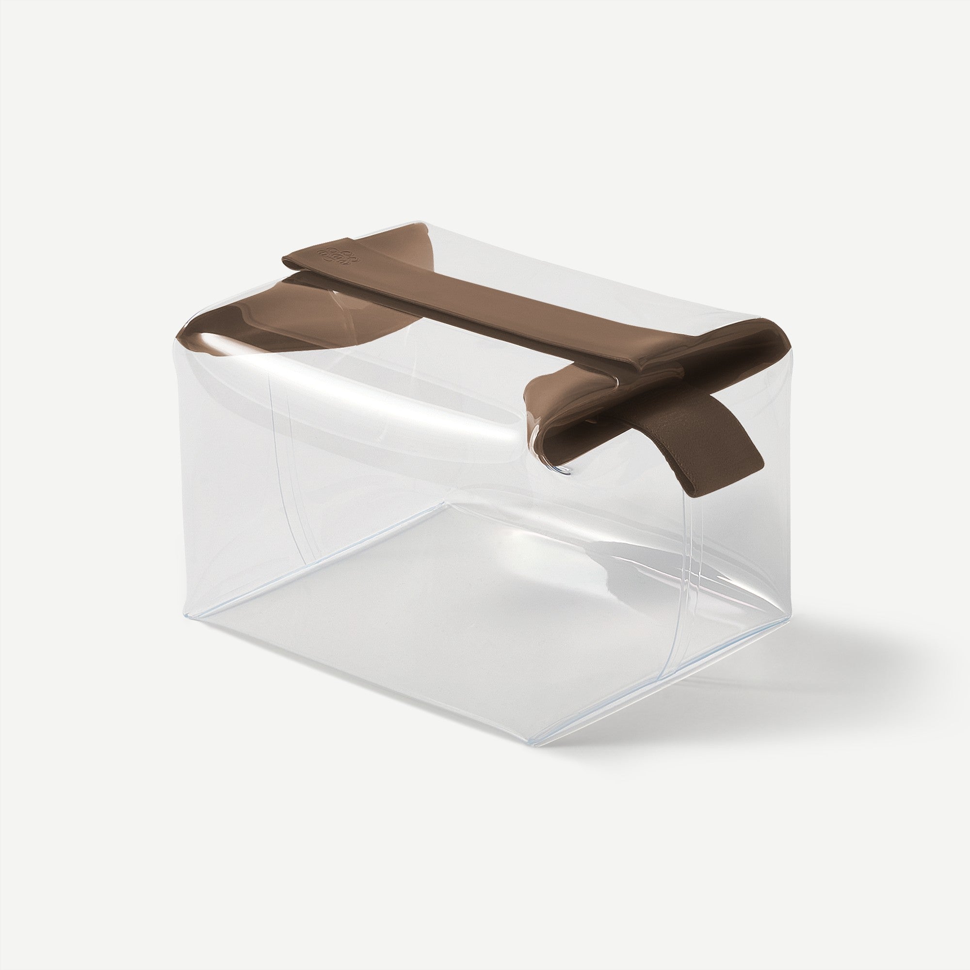 Clear plastic container with a black lid on a white background