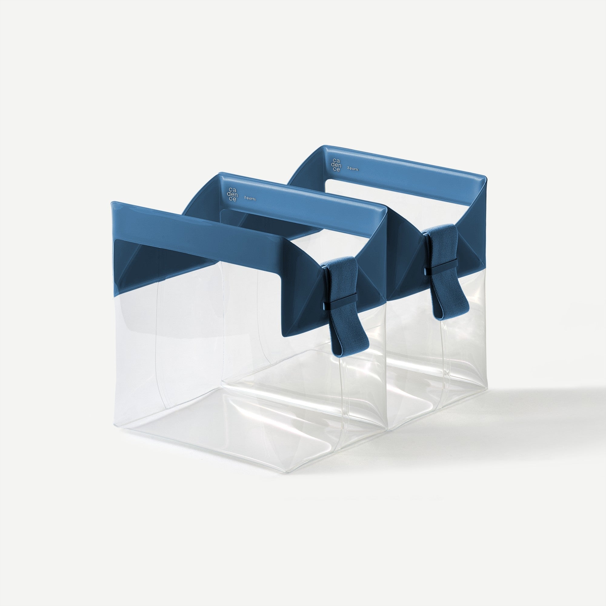 Clear plastic bag with blue handles on a white background