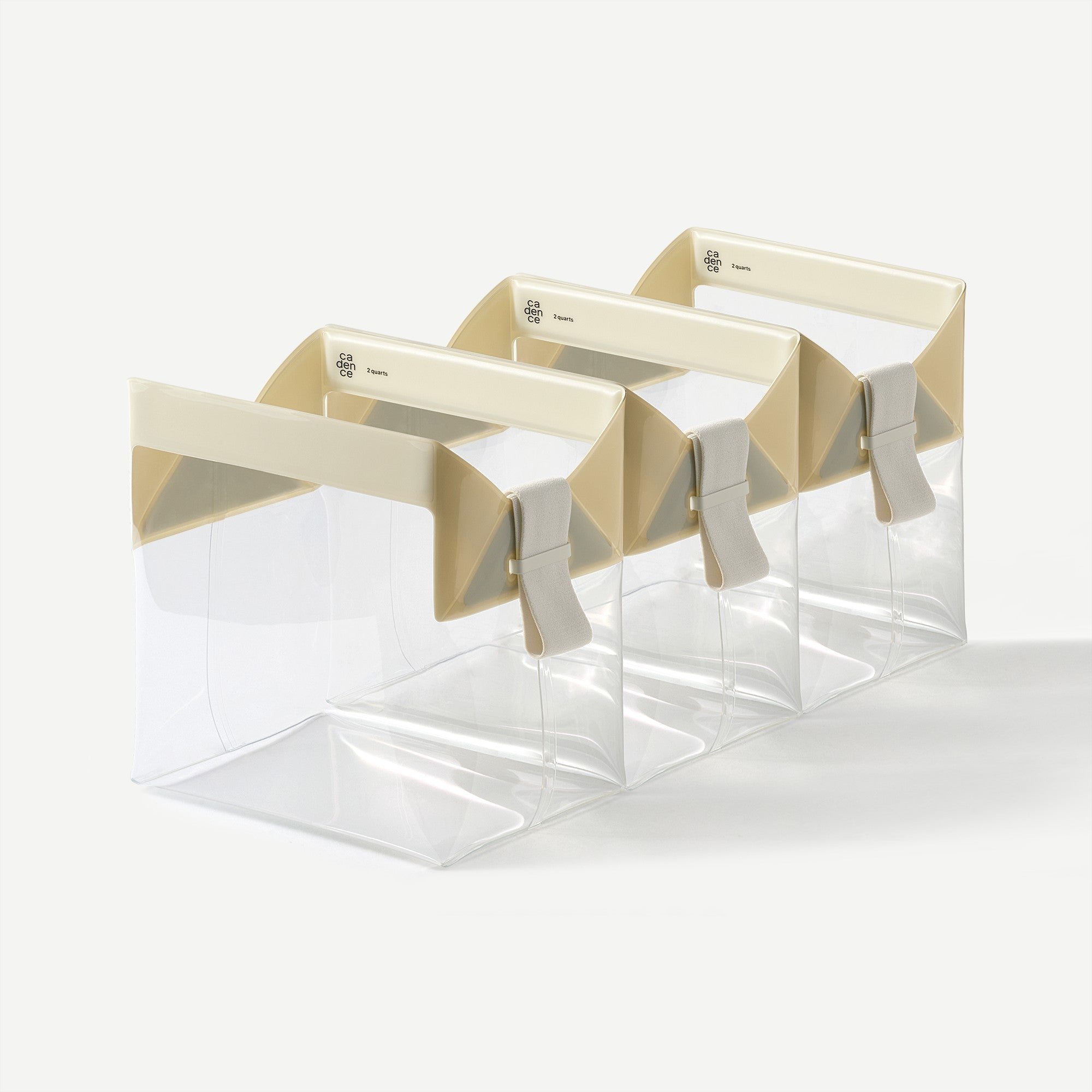 Clear acrylic display stands with gold accents on a white background