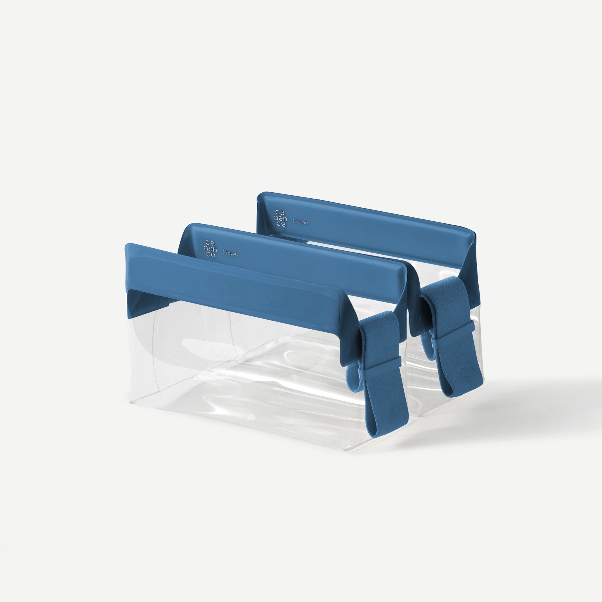 Clear plastic bag with blue clips on a white background