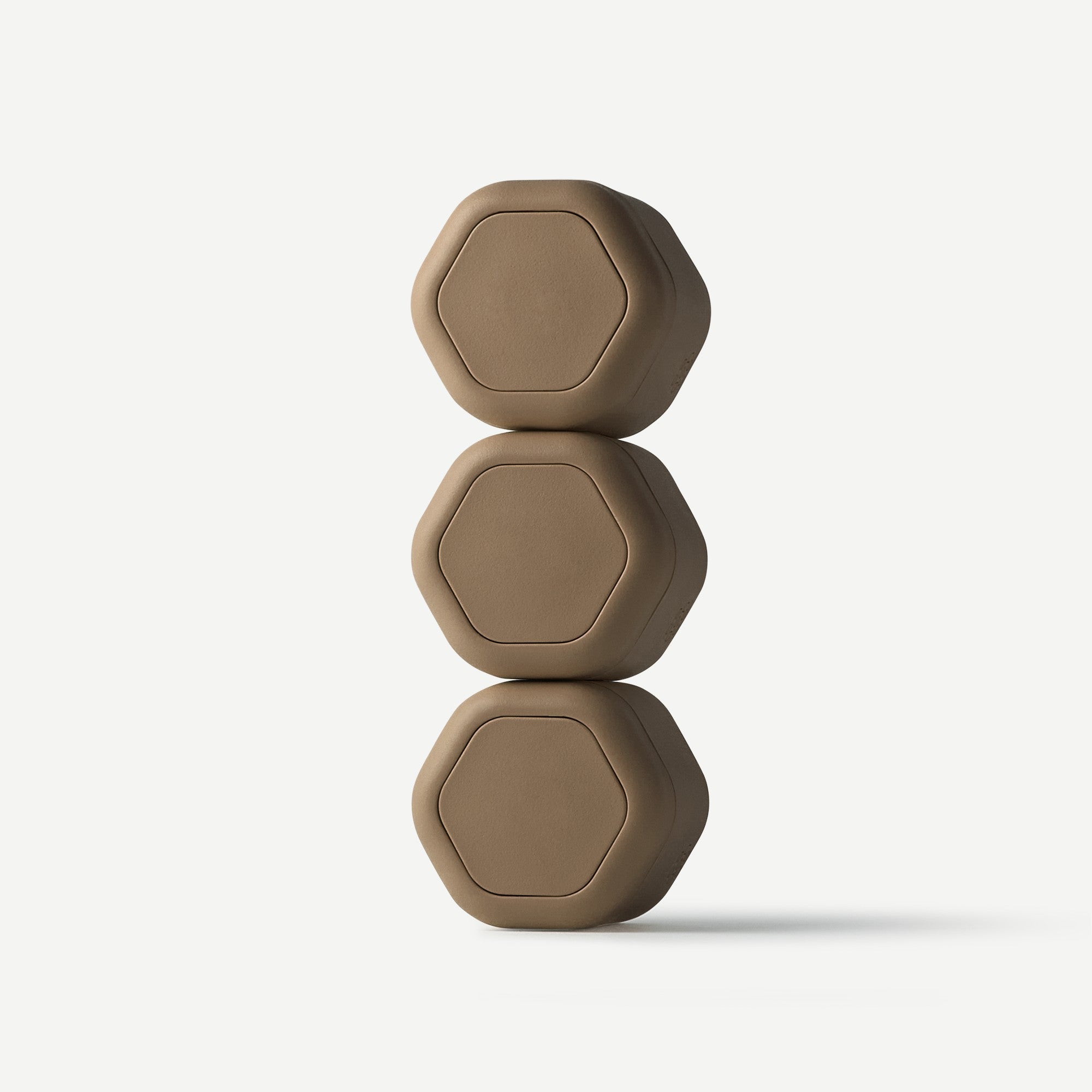 Three stacked brown hexagonal containers labeled 'Necklace', 'Rings', and 'Earrings' on a white background.