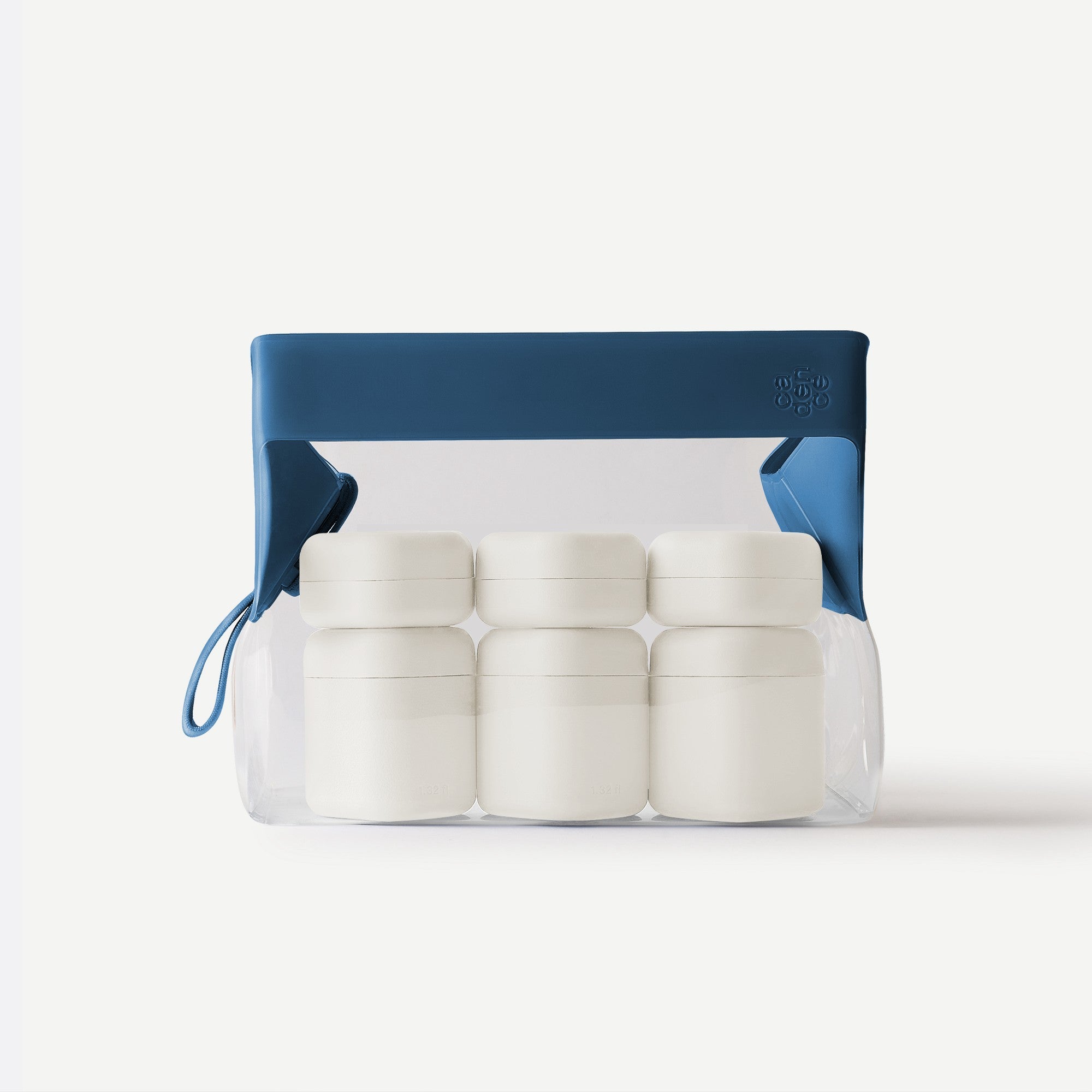 Set of white containers with a blue lid on a white background