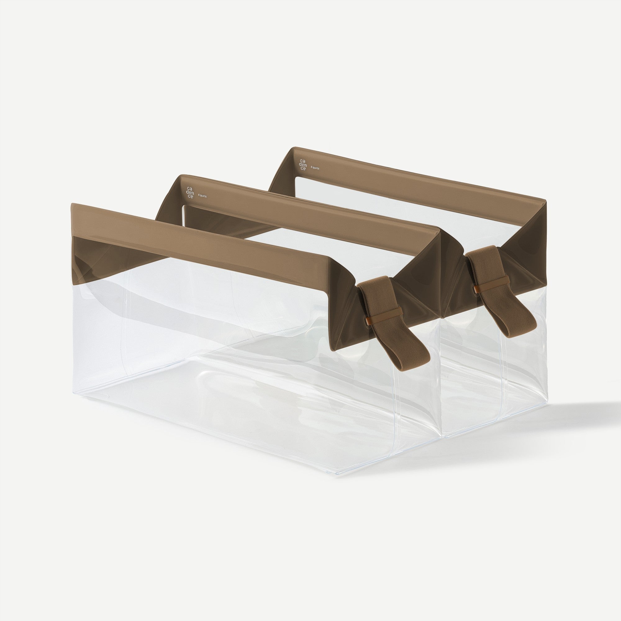 Clear plastic bag with brown handles on a white background