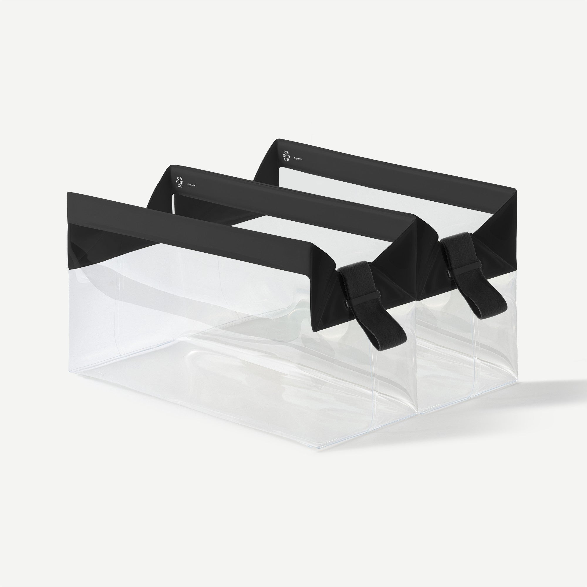 Clear plastic bag with black straps on a white background