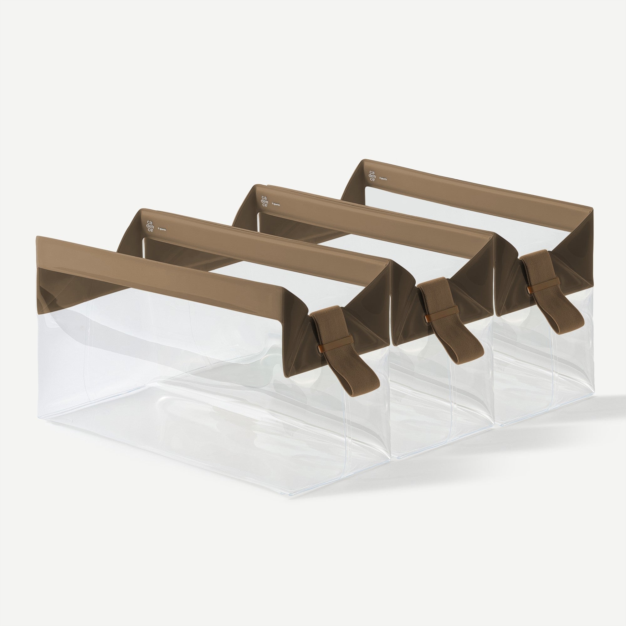 Clear plastic bag with brown handles on a white background