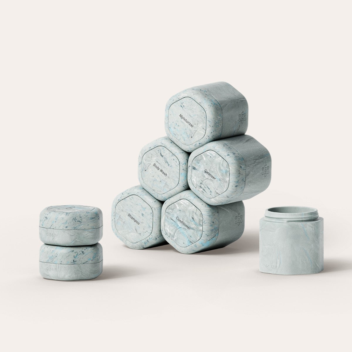 Stack of light blue marble-textured containers on a white background