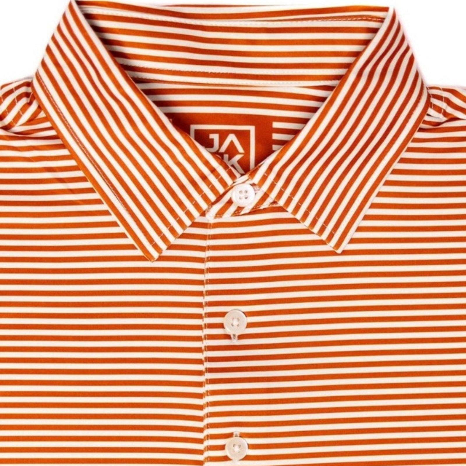 Close-up of a collared button-front shirt with narrow orange and white horizontal stripes, shown on a plain white background.