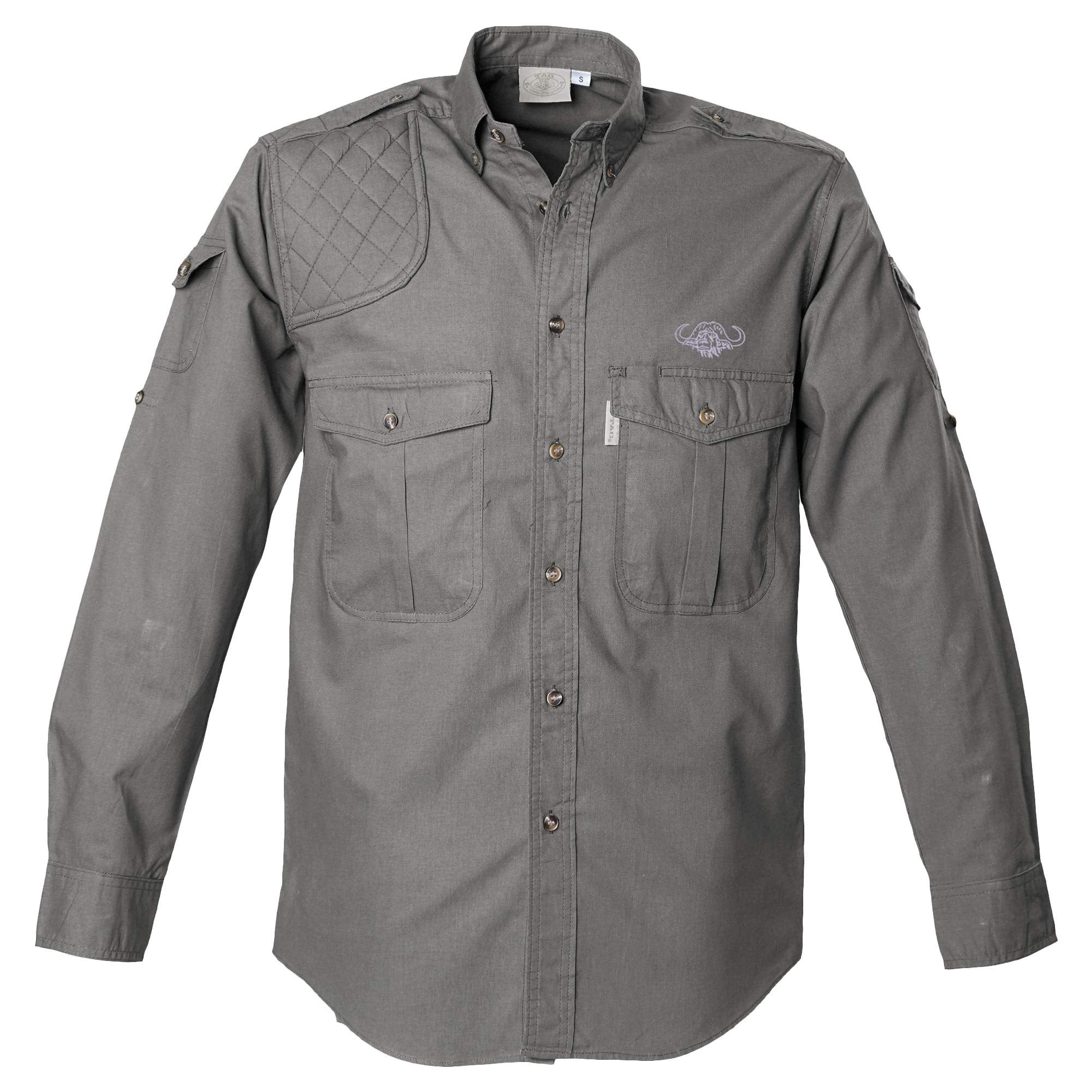 Gray shirt with quilted shoulder design on a white background
