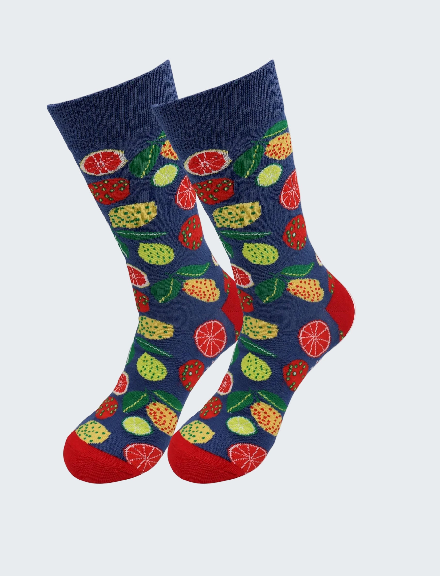 Colorful socks with fruit pattern on a white background