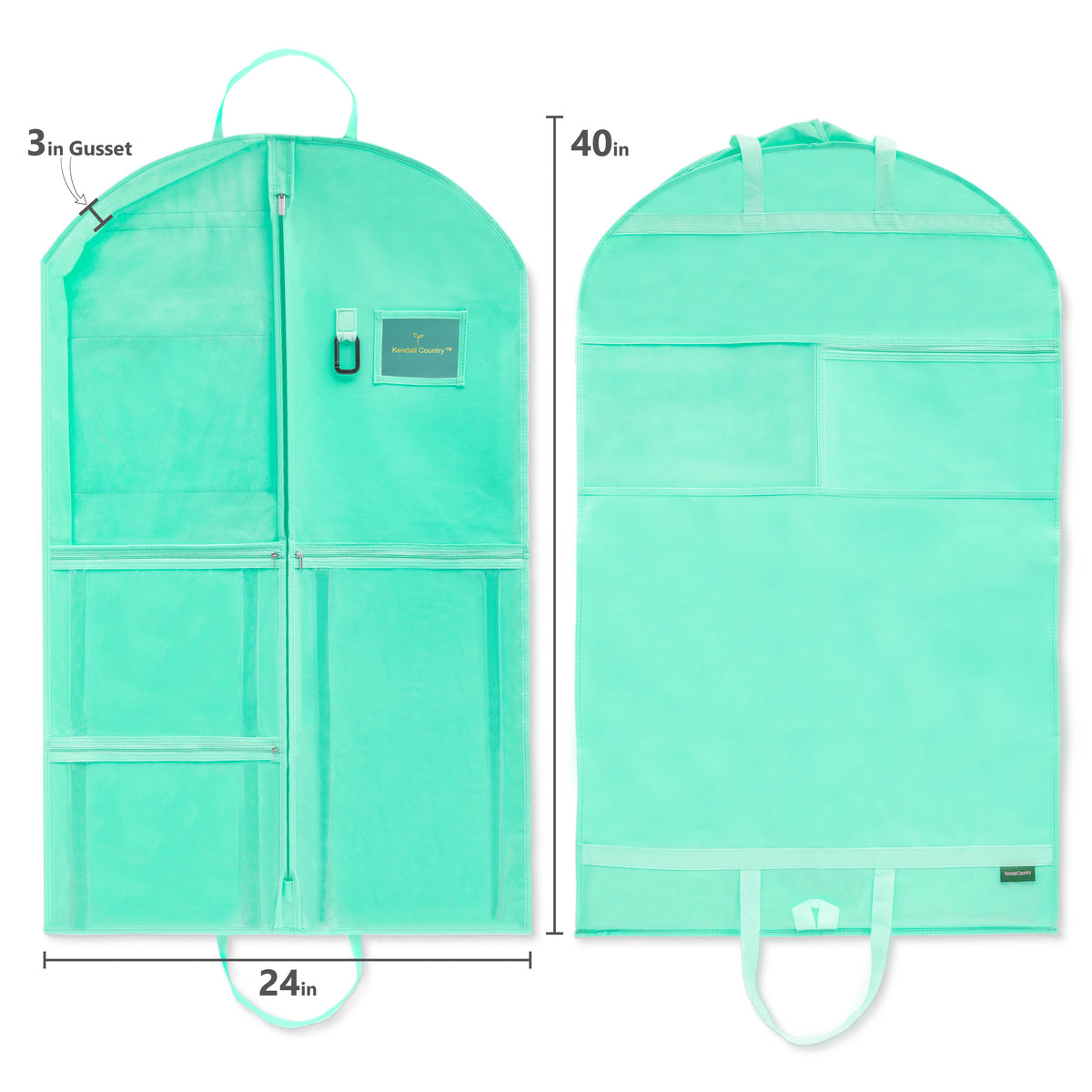 A mint green garment storage bag shown from both front and back views with dimension annotations indicating 24 inches wide, 40 inches tall, and a 3-in Gusset.