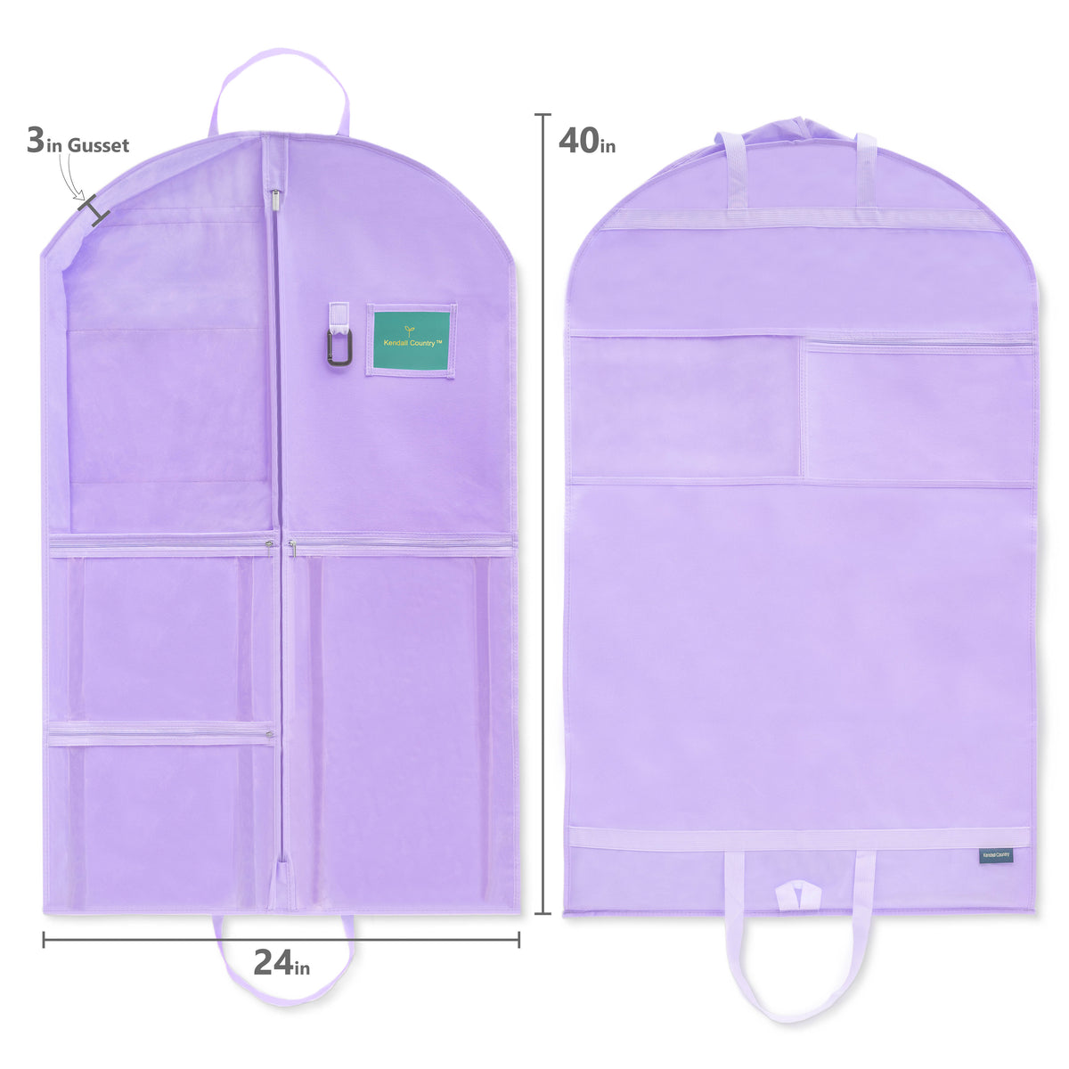 A lavender purple garment storage bag shown from both front and back views with dimension annotations indicating 24 inches wide, 40 inches tall, and a 3-inch Gusset.