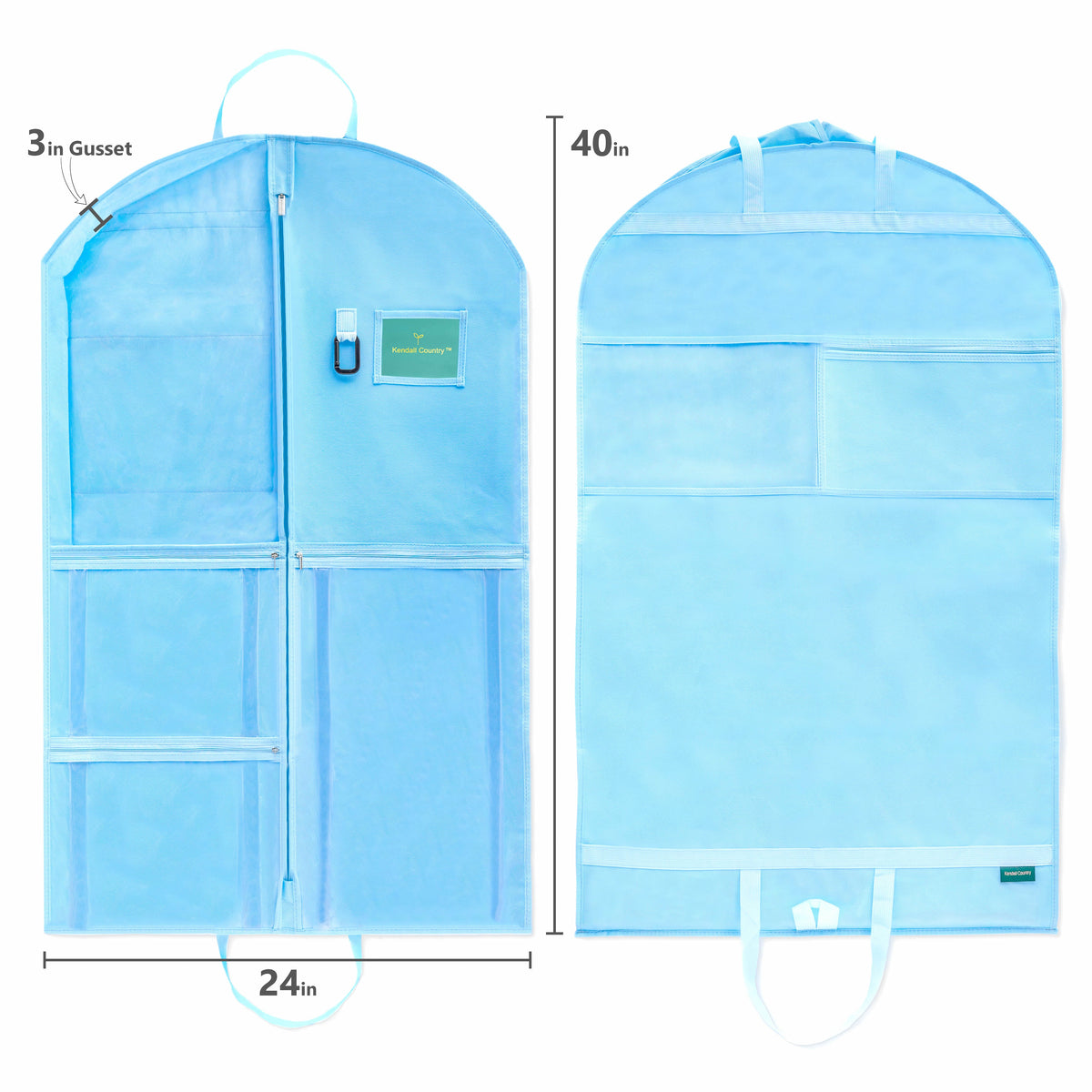 A light blue garment storage bag shown from both front and back views on a white background, with dimension annotations indicating 24 in width, 40 in height, and a 3 in Gusset.