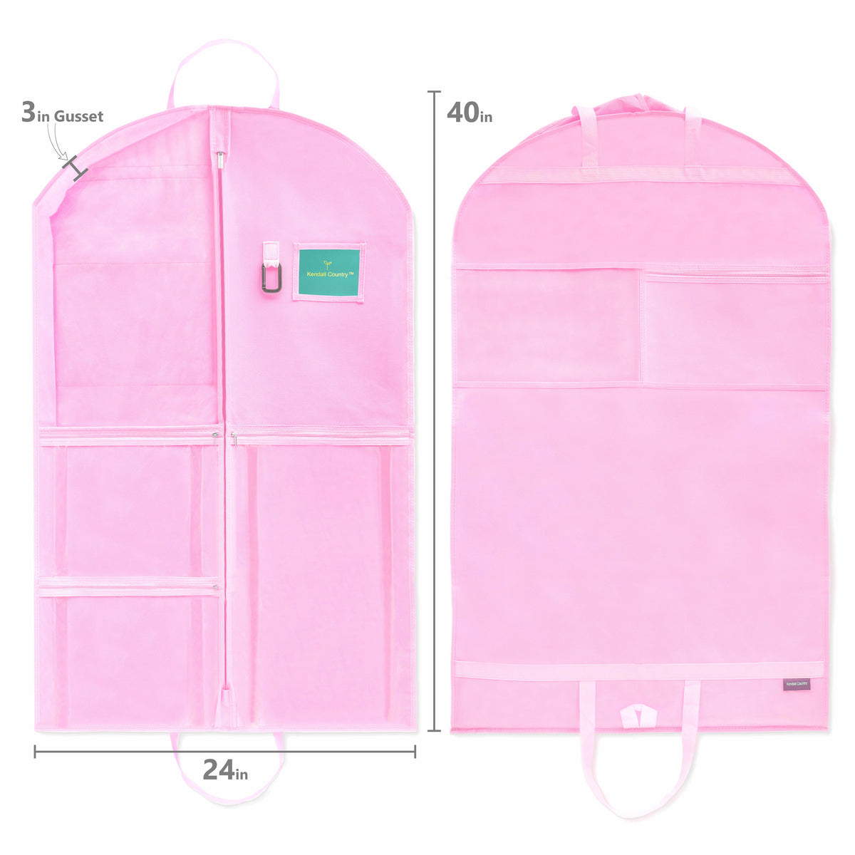 Pink garment storage bag shown from front and back views with overlaid dimension labels: 40 in height, 24 in width, and a 3 in Gusset. The bag has a zipper, multiple front pockets, top handles, and a small hanging tag.