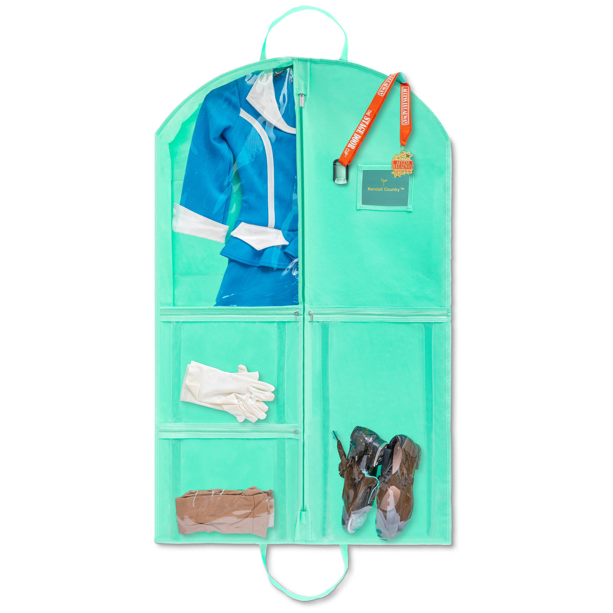 A mint green fabric costume closet organizer hanging against a white background, containing a blue and white costume, white gloves, a brown cape, and a red lanyard with a badge.