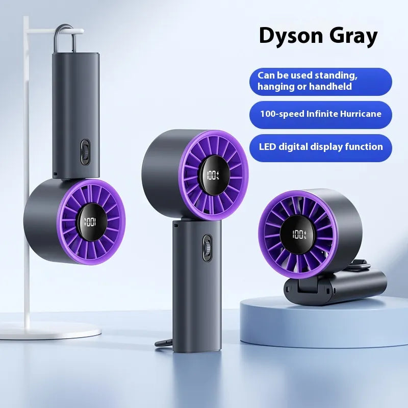 Dyson hair dryer with purple accents on a light blue background