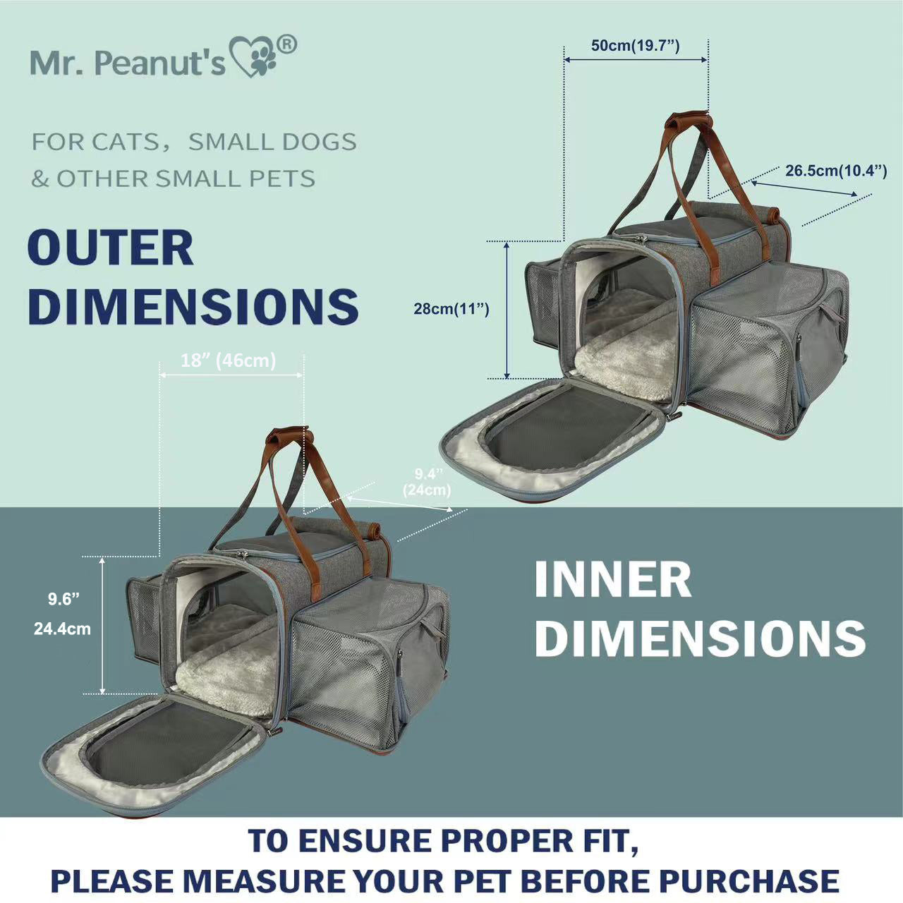 Pet carrier with dimensions labeled on a light blue and gray background