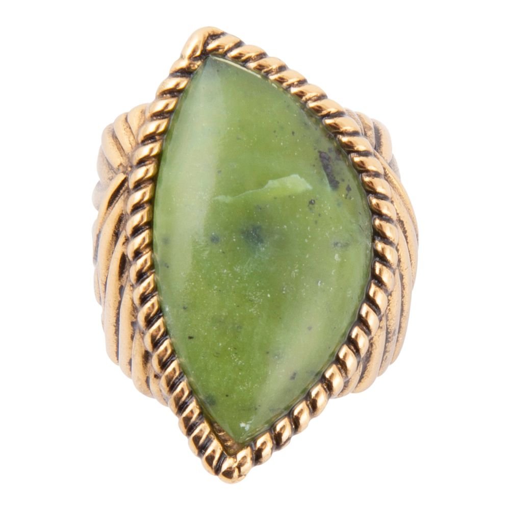 Ring with a green teardrop-shaped gemstone and gold band on a white background