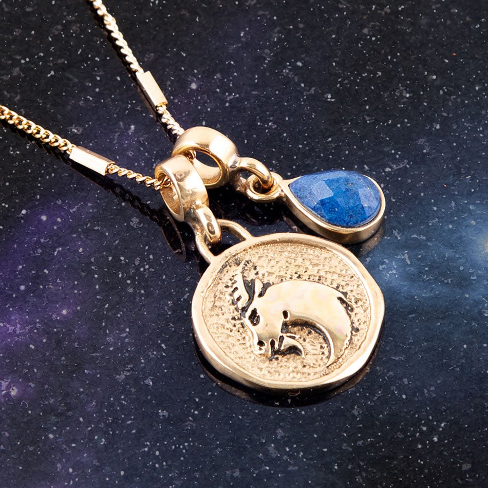 Gold necklace with a zodiac pendant on a dark background