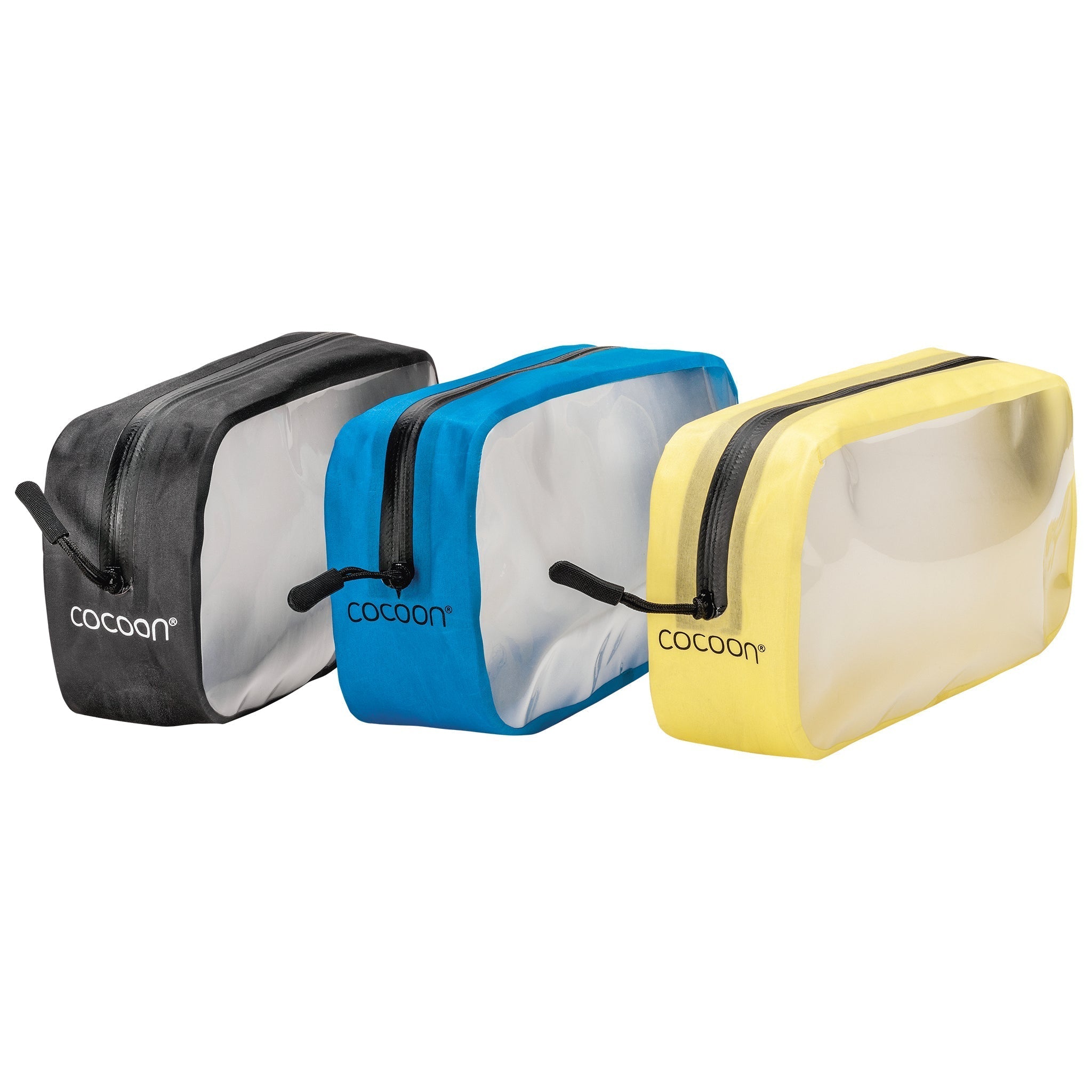 Three travel bags in black, blue, and yellow with 'Cocoon' branding on a white background.