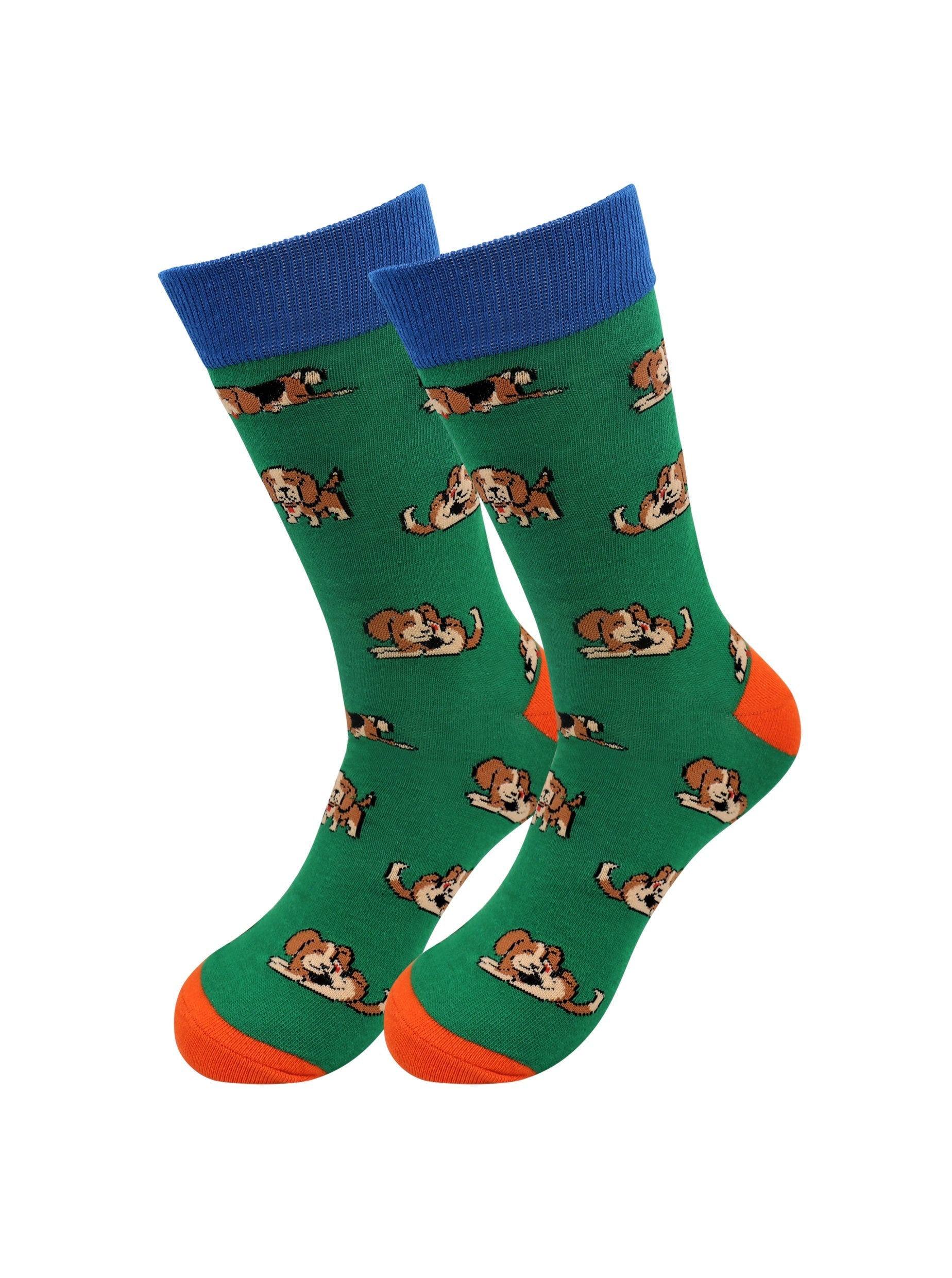 Green socks with dog pattern and blue and orange accents on a white background