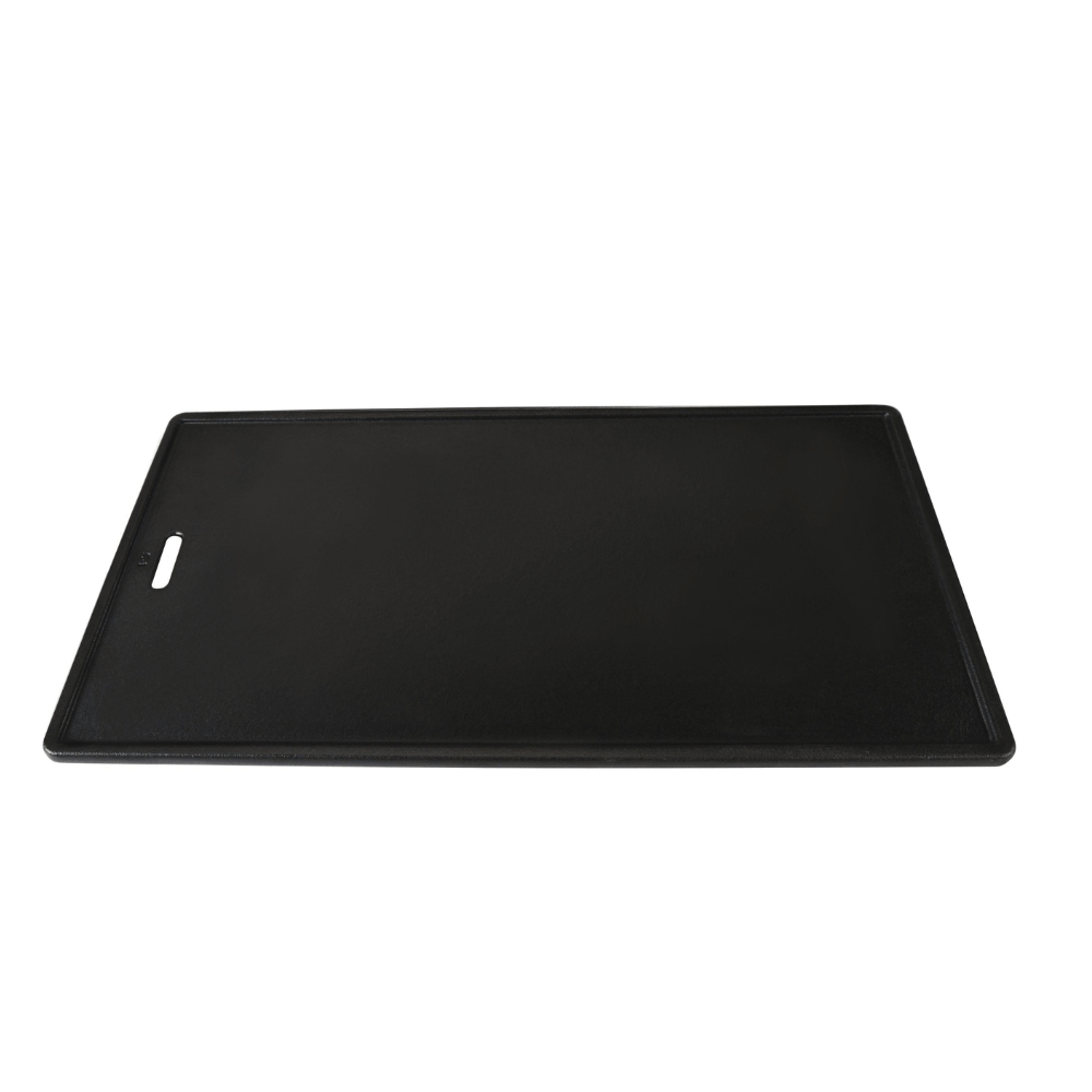 Black rectangular cutting board on a white background