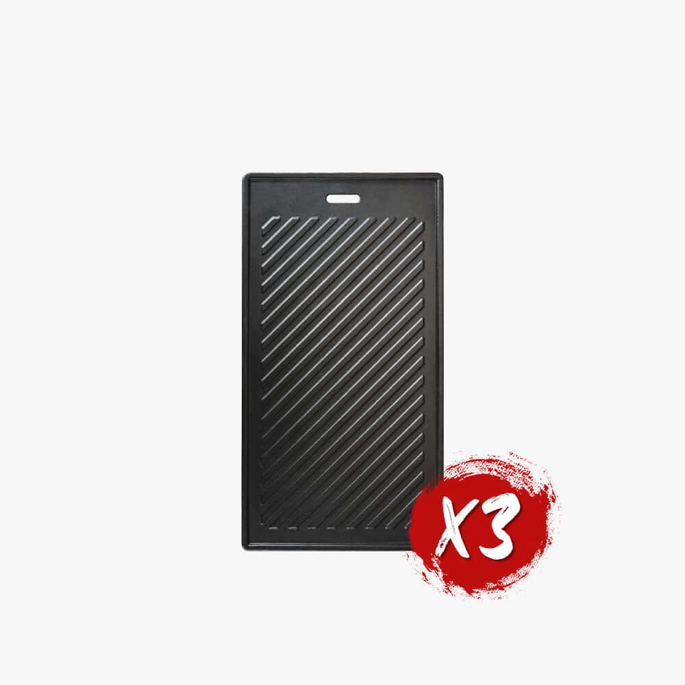 Black rectangular griddle plate with red 'X3' logo on a white background
