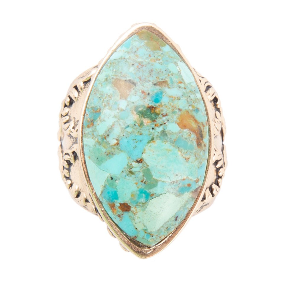 Turquoise stone ring with gold band on a white background