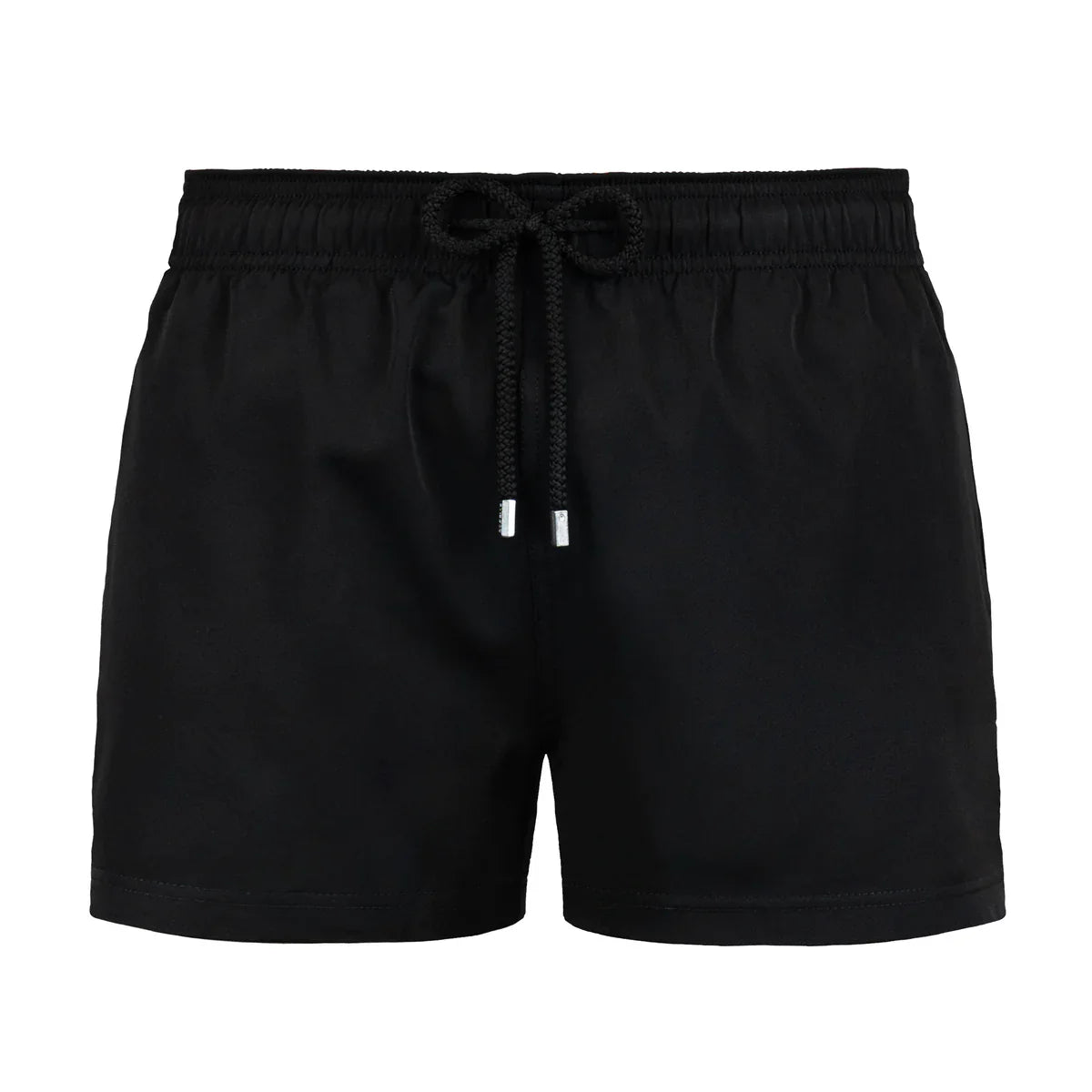 Black shorts with a drawstring on a white background