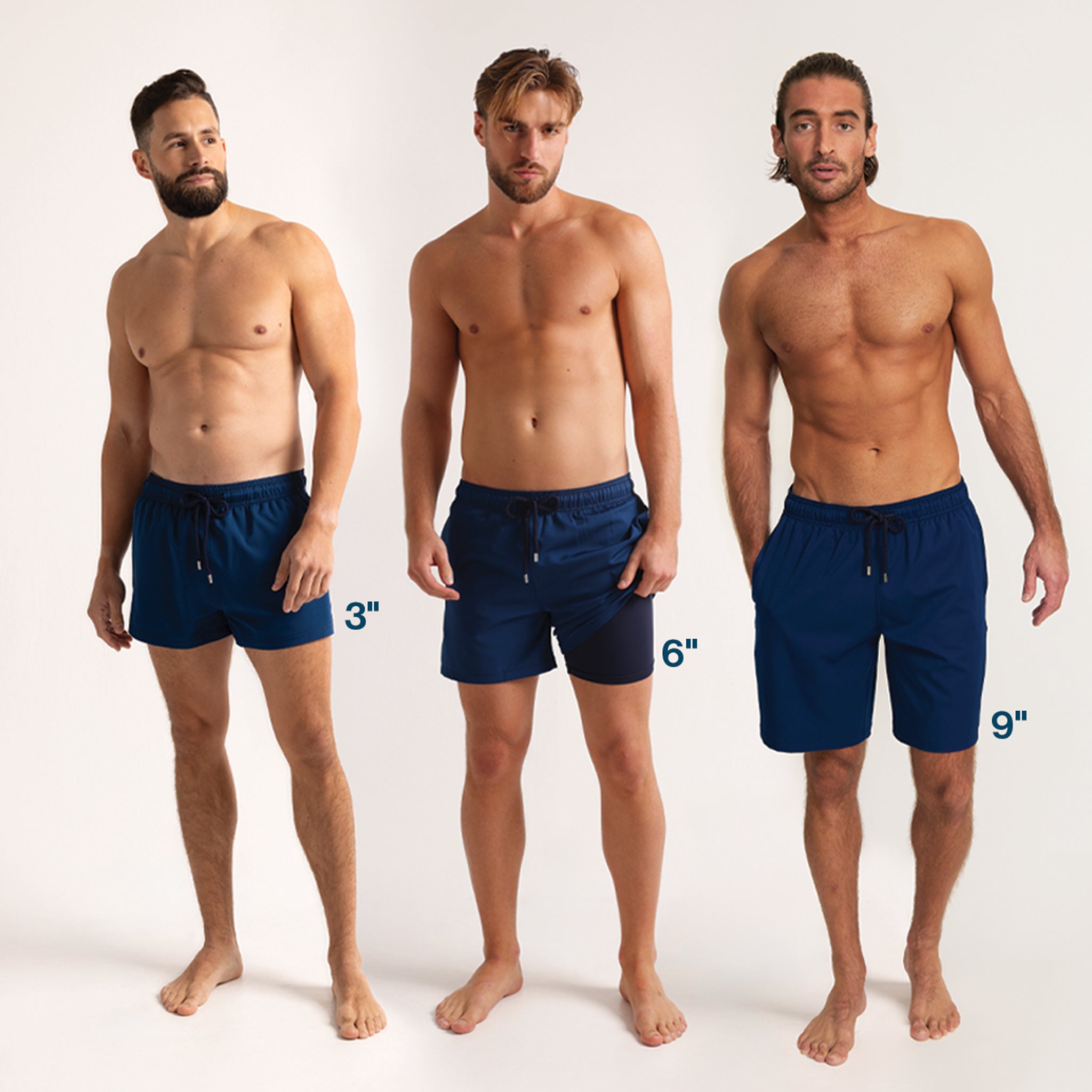 Three men wearing navy blue swim shorts with different inseam lengths on a white background.