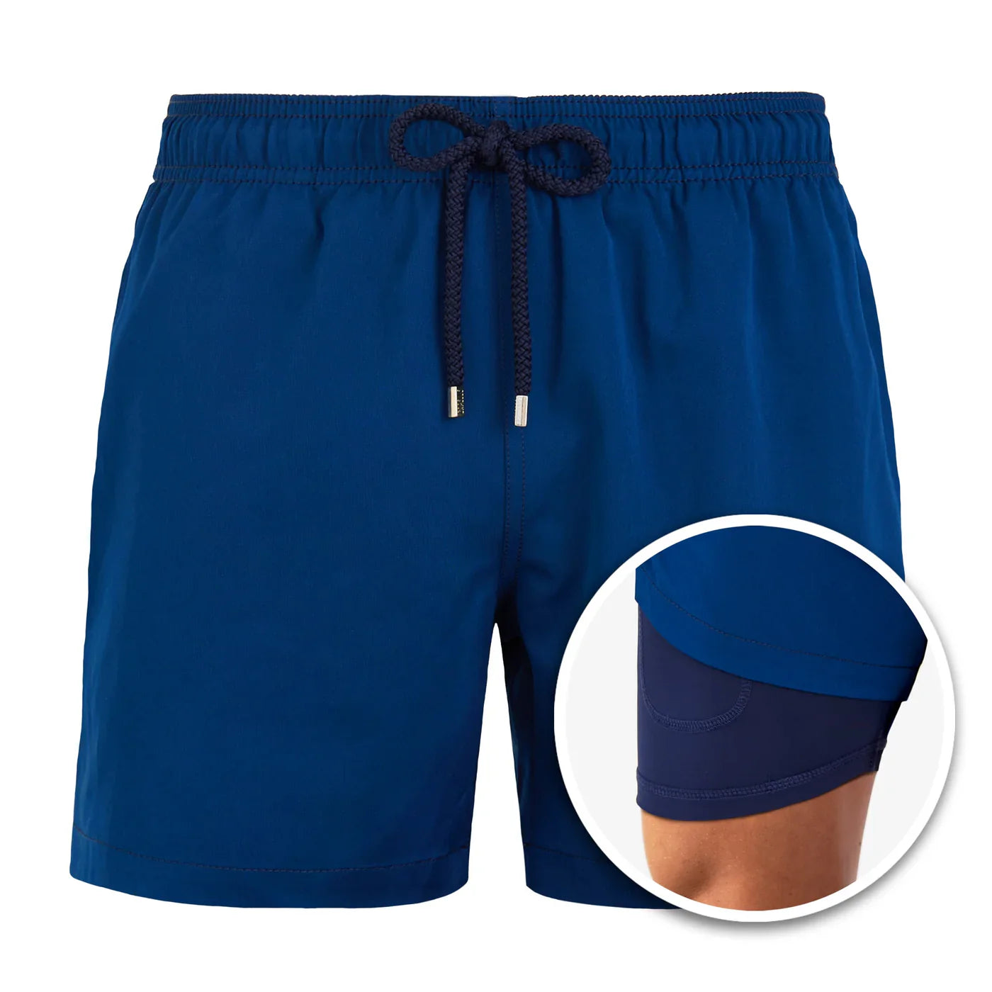 Blue shorts with drawstring on a white background