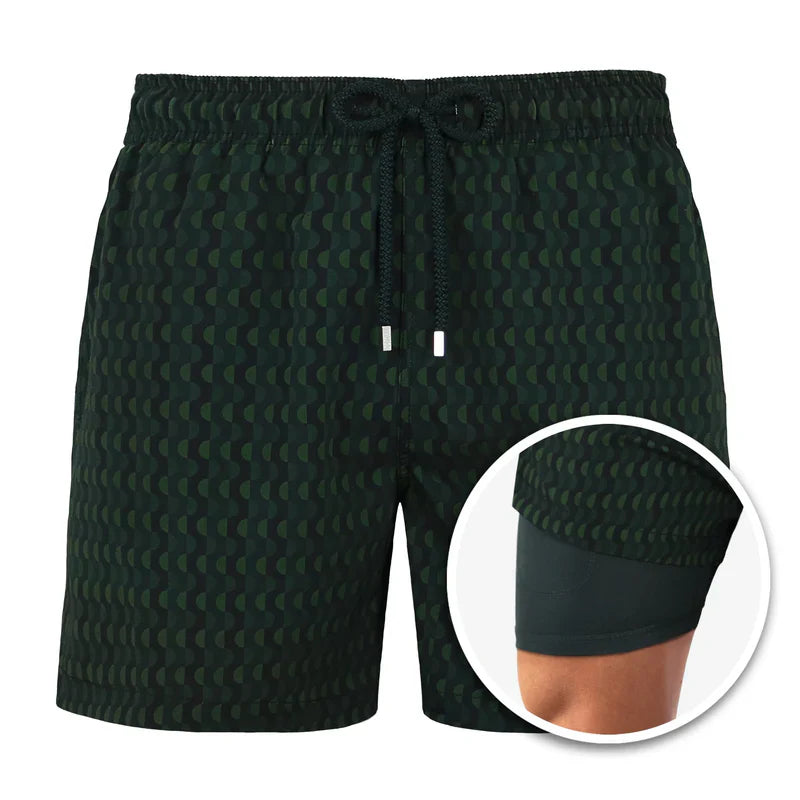 Black patterned shorts with a close-up inset showing the interior lining.