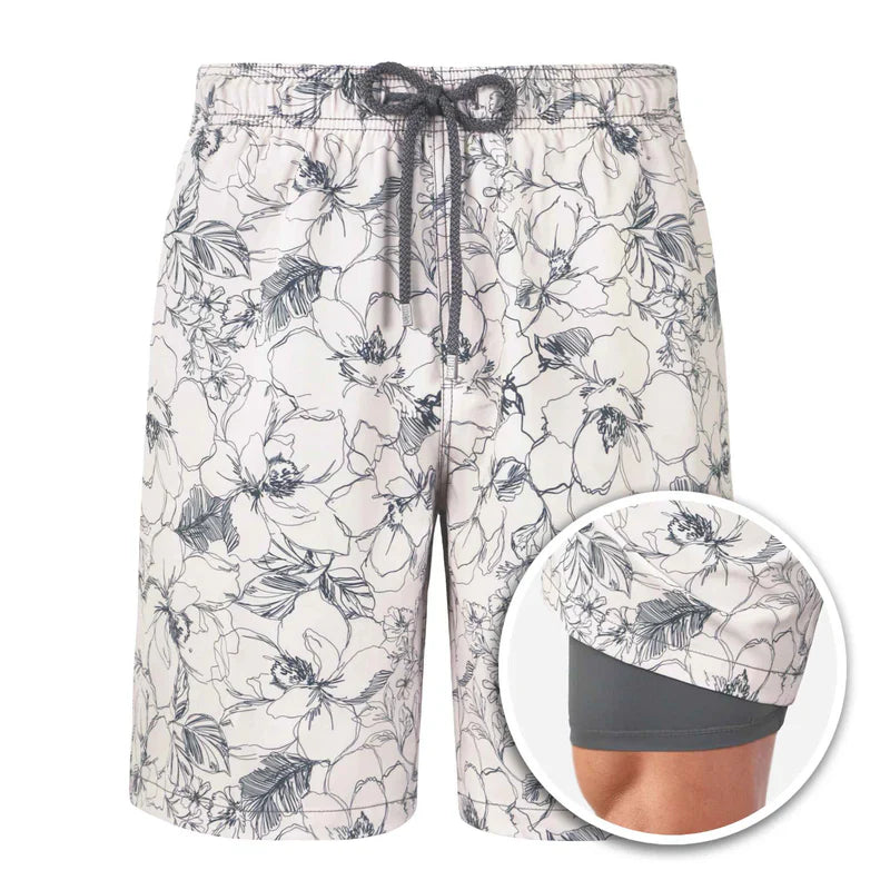 Floral patterned shorts with a close-up inset showing the interior lining.