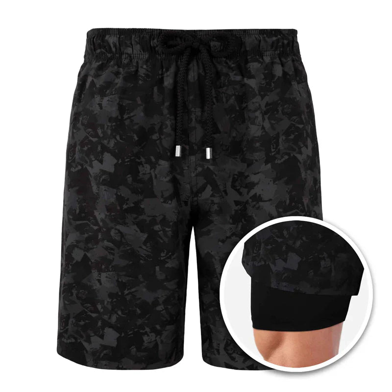 Black camouflage shorts with a close-up inset showing the texture.