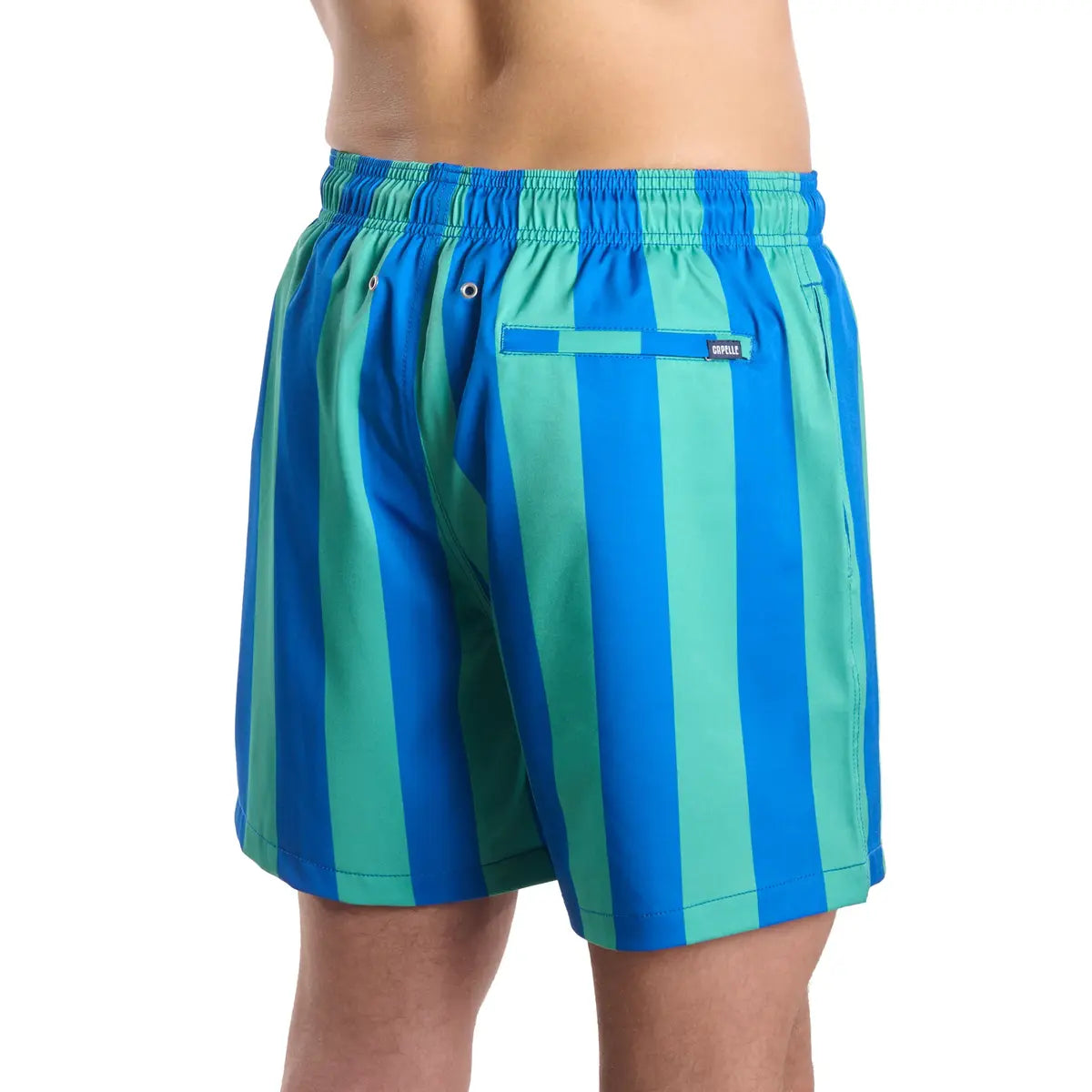 Blue and green striped swim shorts on a white background